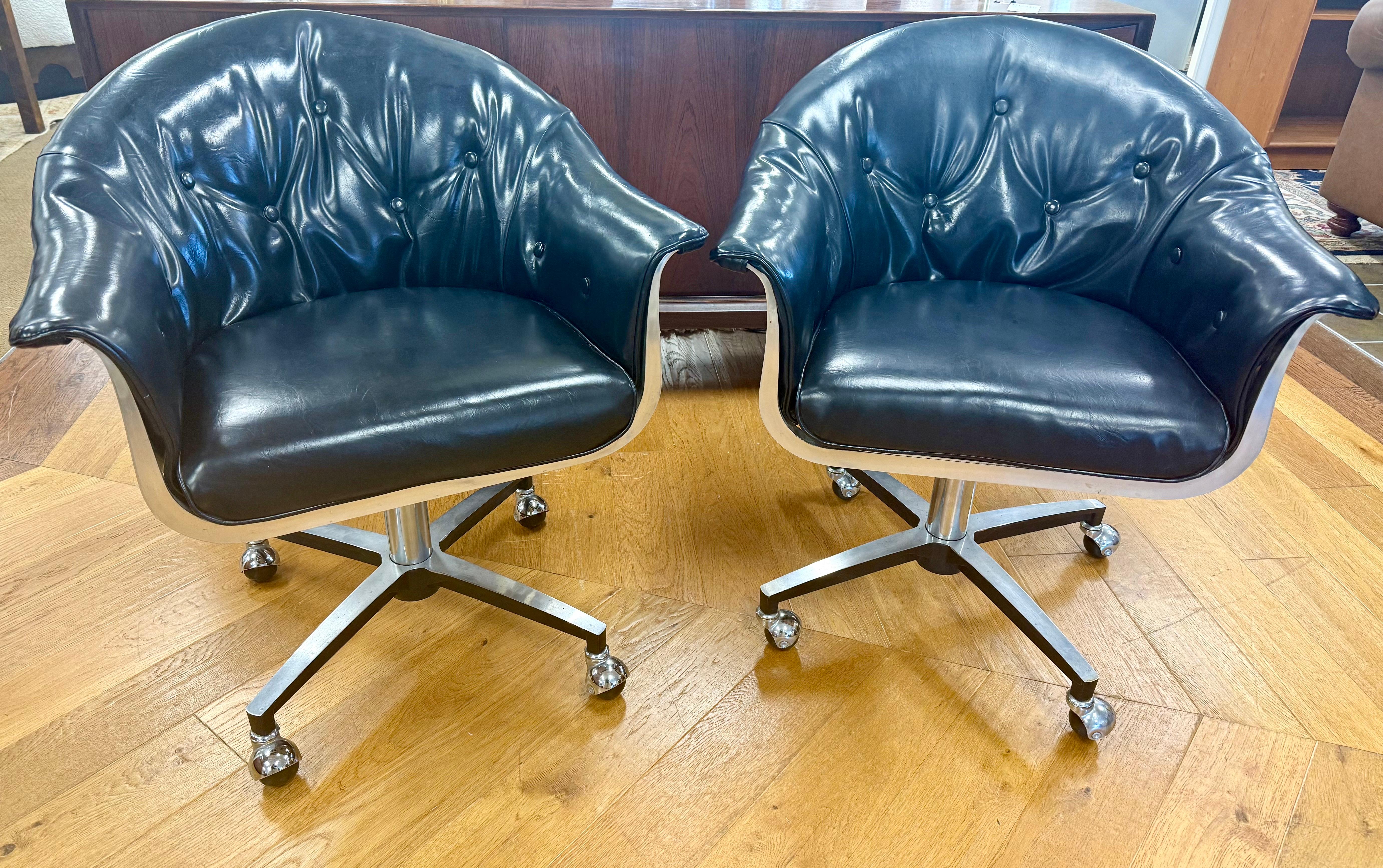 20th Century Mid Century Modern Aluminum and Leather Swivel Chairs by Herbert Saiger Woodard For Sale