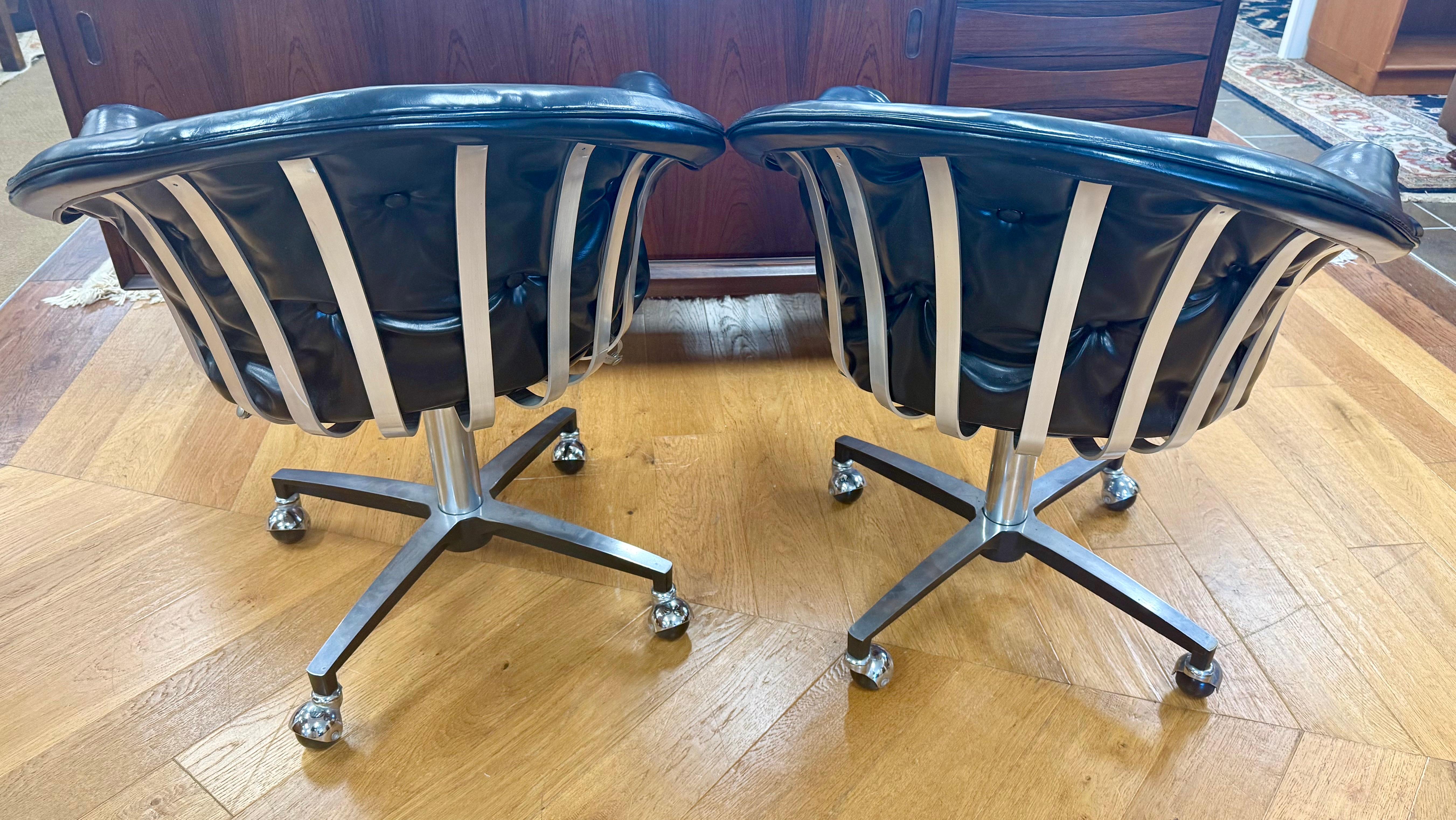 Mid Century Modern Aluminum and Leather Swivel Chairs by Herbert Saiger Woodard For Sale 2