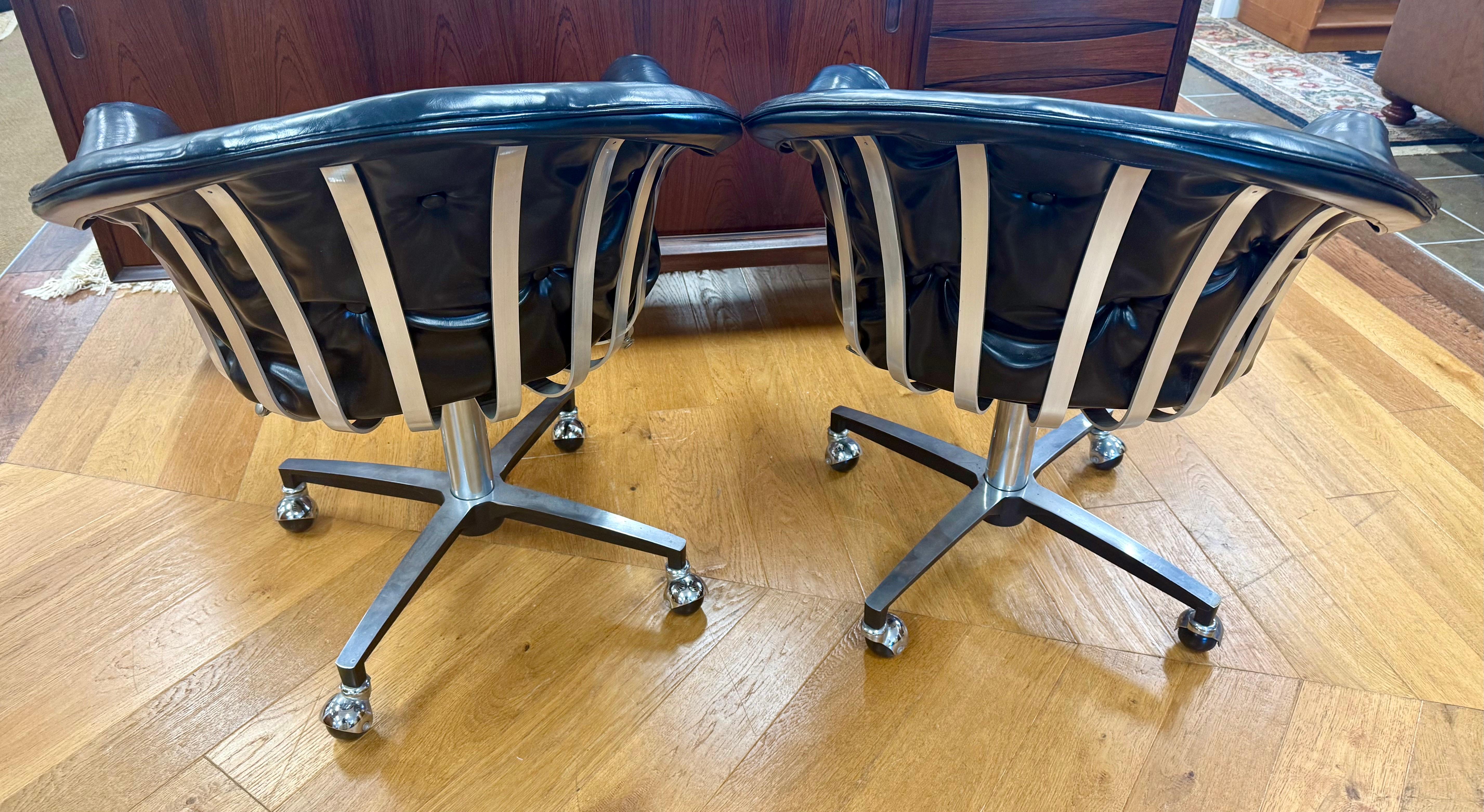 Mid Century Modern Aluminum and Leather Swivel Chairs by Herbert Saiger Woodard For Sale 3