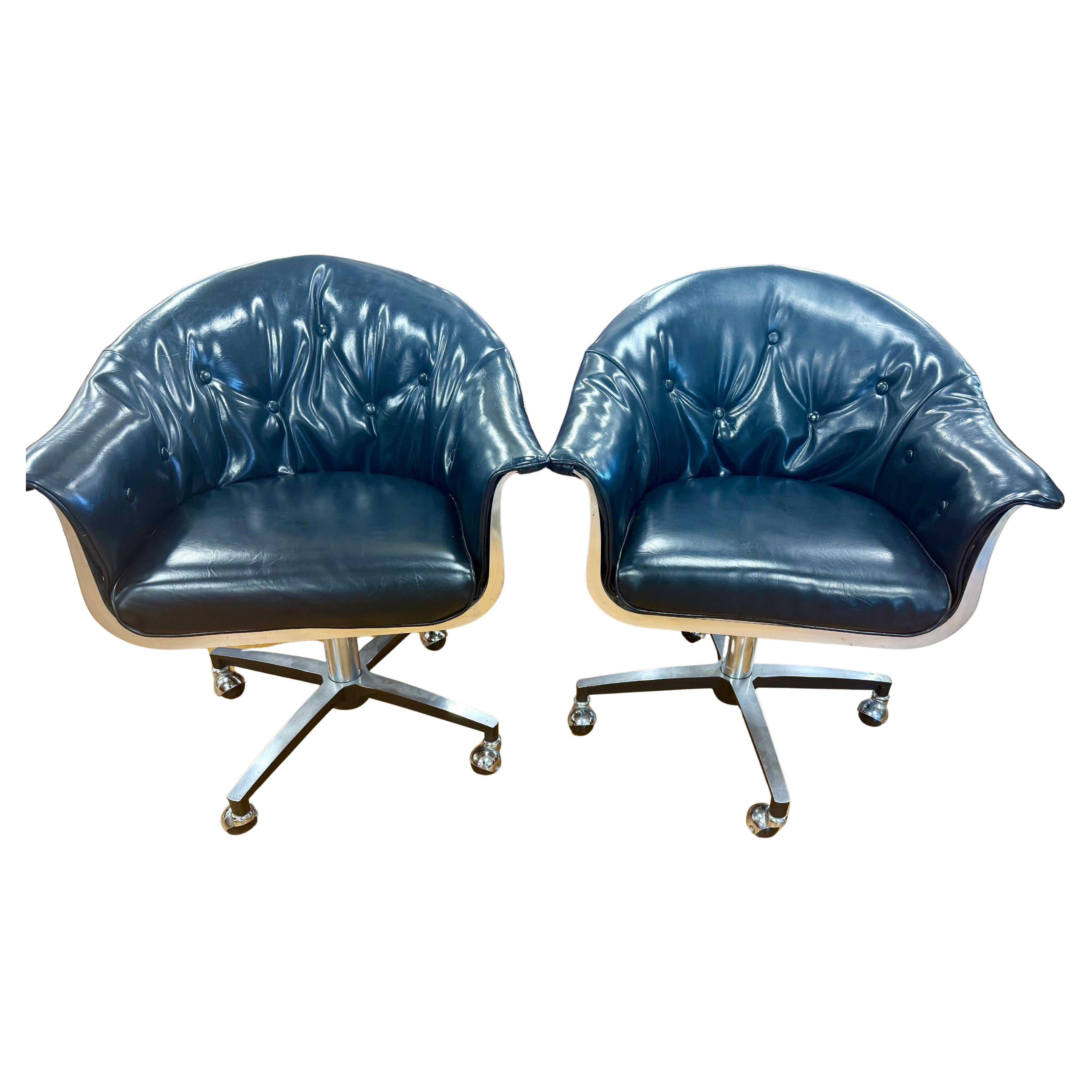 Mid Century Modern Aluminum and Leather Swivel Chairs by Herbert Saiger Woodard