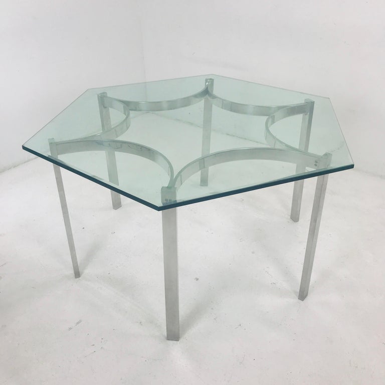 MidCentury Modern Aluminum Dining Table with Hexagonal Glass Top at