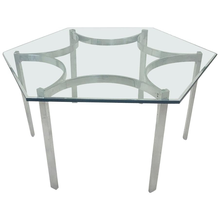 Mid-Century Modern Aluminum Dining Table with Hexagonal Glass Top