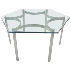 Mid-Century Modern Aluminum Dining Table with Hexagonal Glass Top