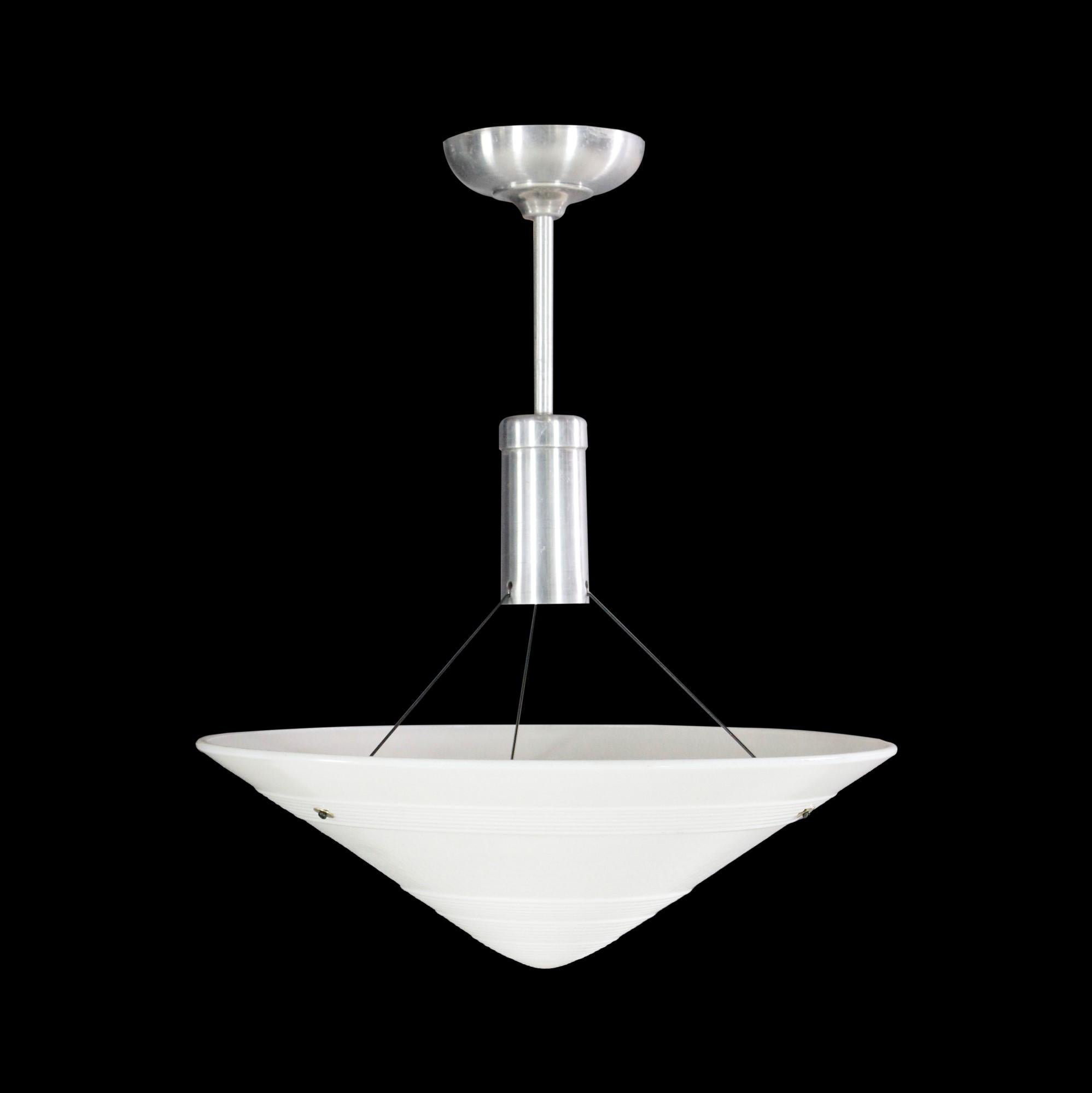 1950s Mid-Century Modern cast glass cone shaped dish pendant light mounted on brushed aluminum hardware. Cleaned and rewired. Small quantity available at time of posting. Priced each. Please inquire. Please note, this item is located in our