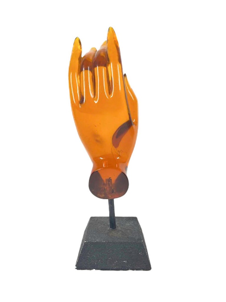 American Mid-Century Modern Amber Colored Lucite Hand of Buddha Sculpture