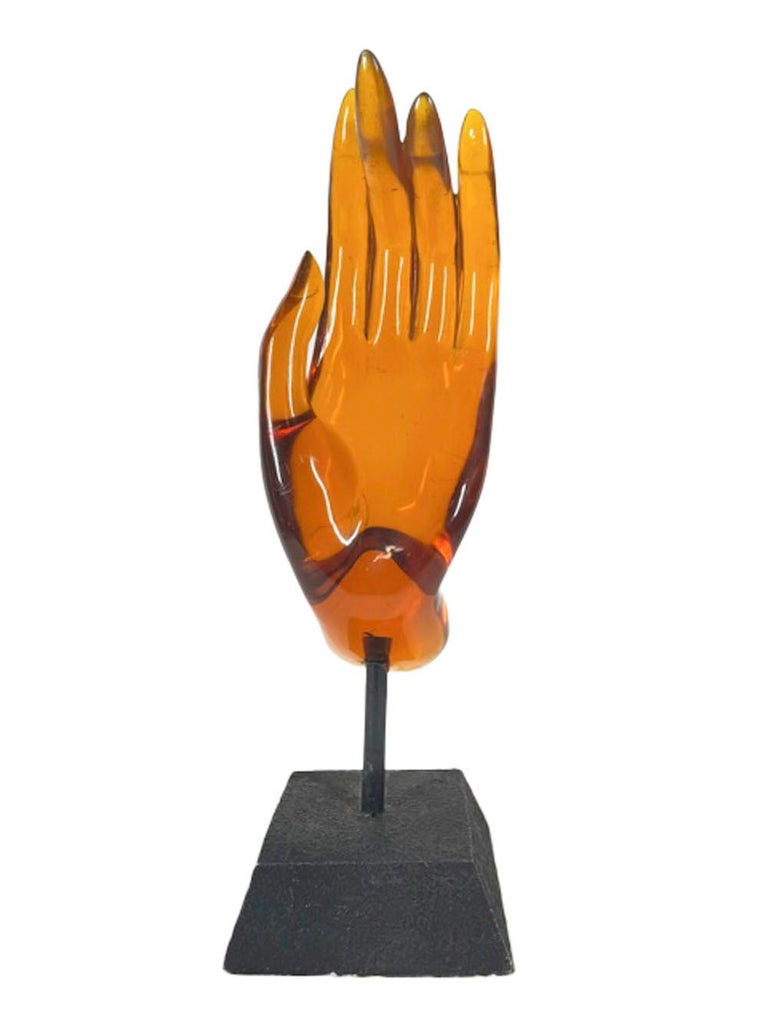 20th Century Mid-Century Modern Amber Colored Lucite Hand of Buddha Sculpture