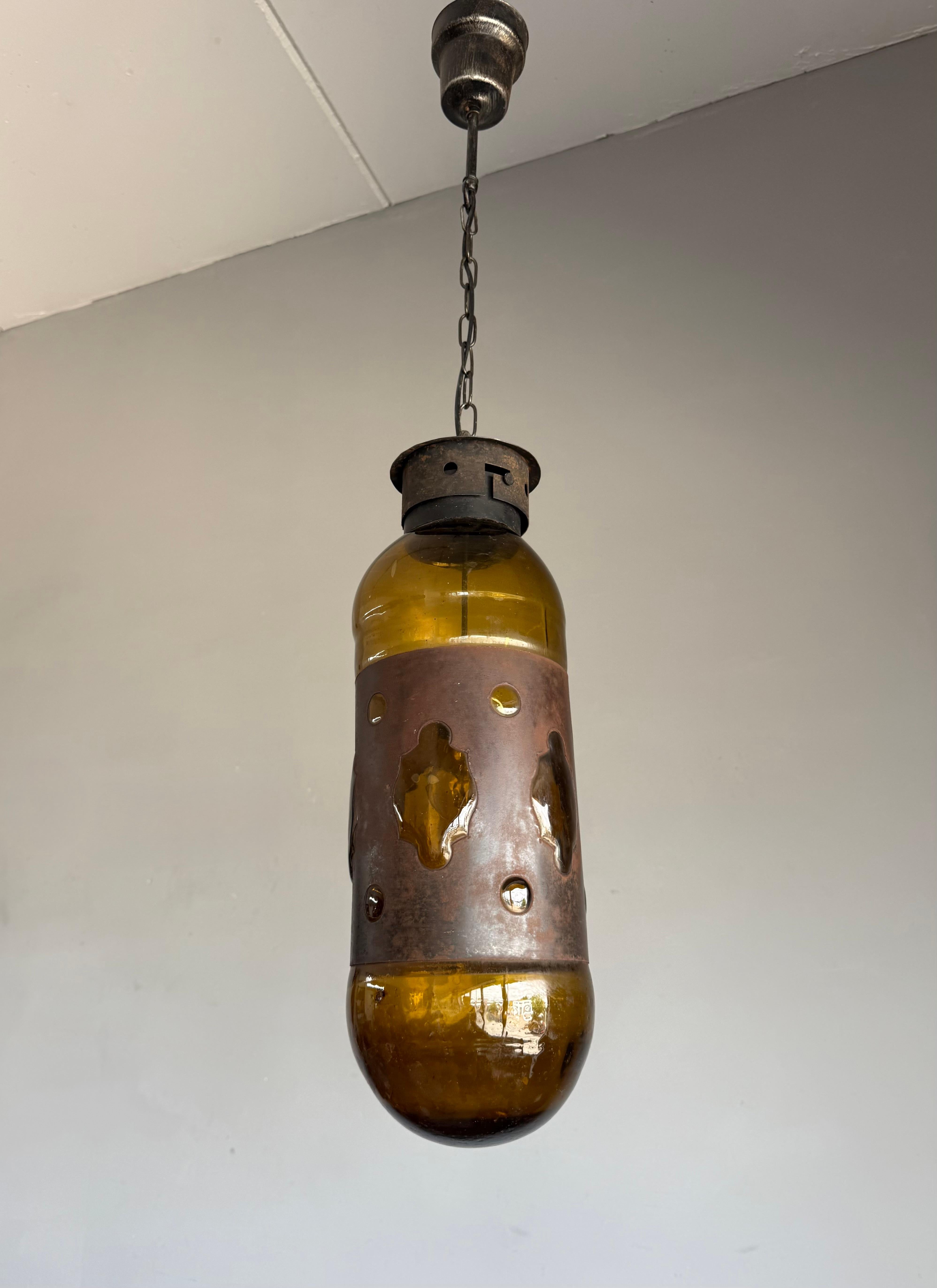 Mid-Century Modern Amber Glass and Patinated Metal Pendant, Attr. to Nanny Still For Sale 4