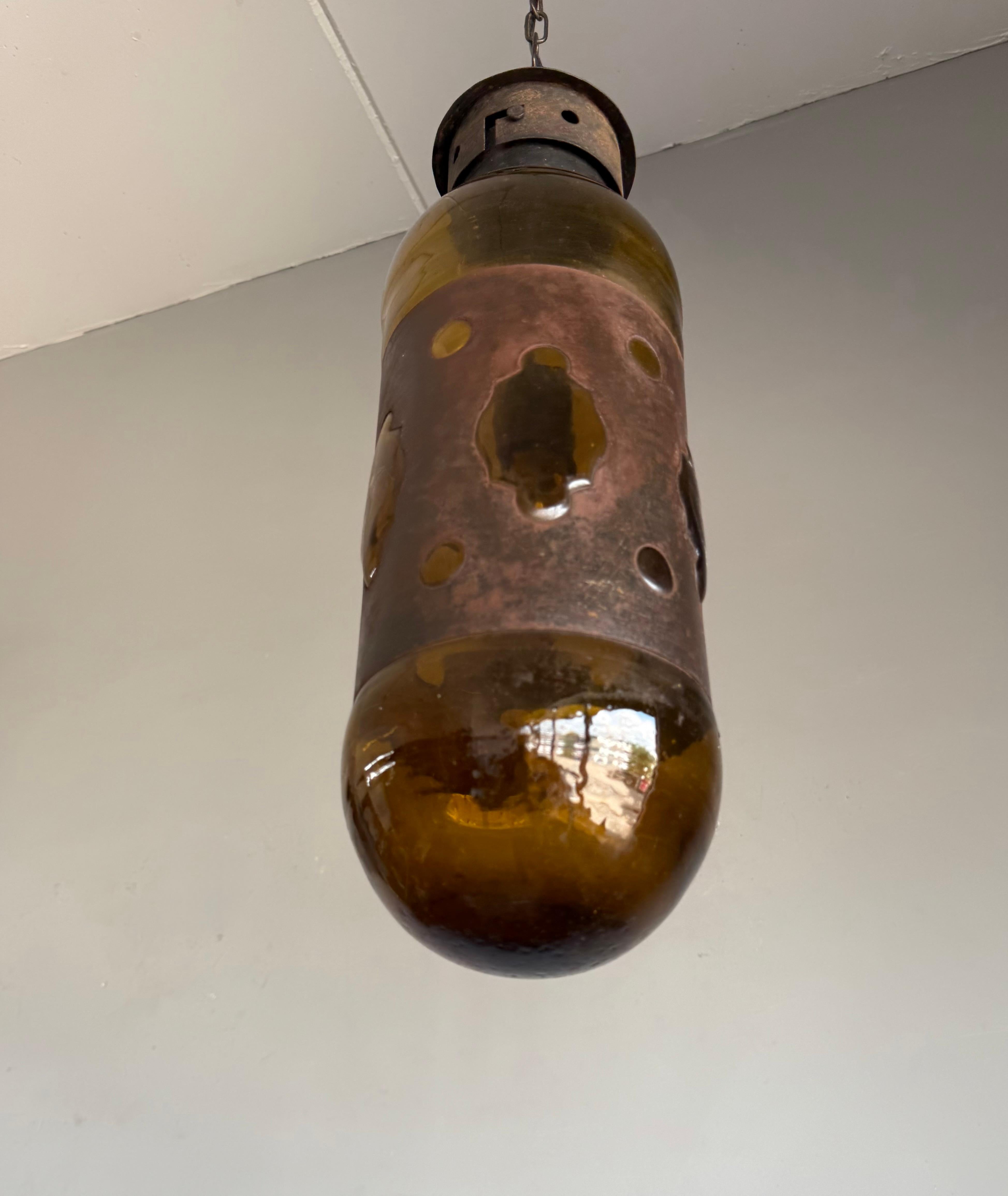 Mid-Century Modern Amber Glass and Patinated Metal Pendant, Attr. to Nanny Still For Sale 5