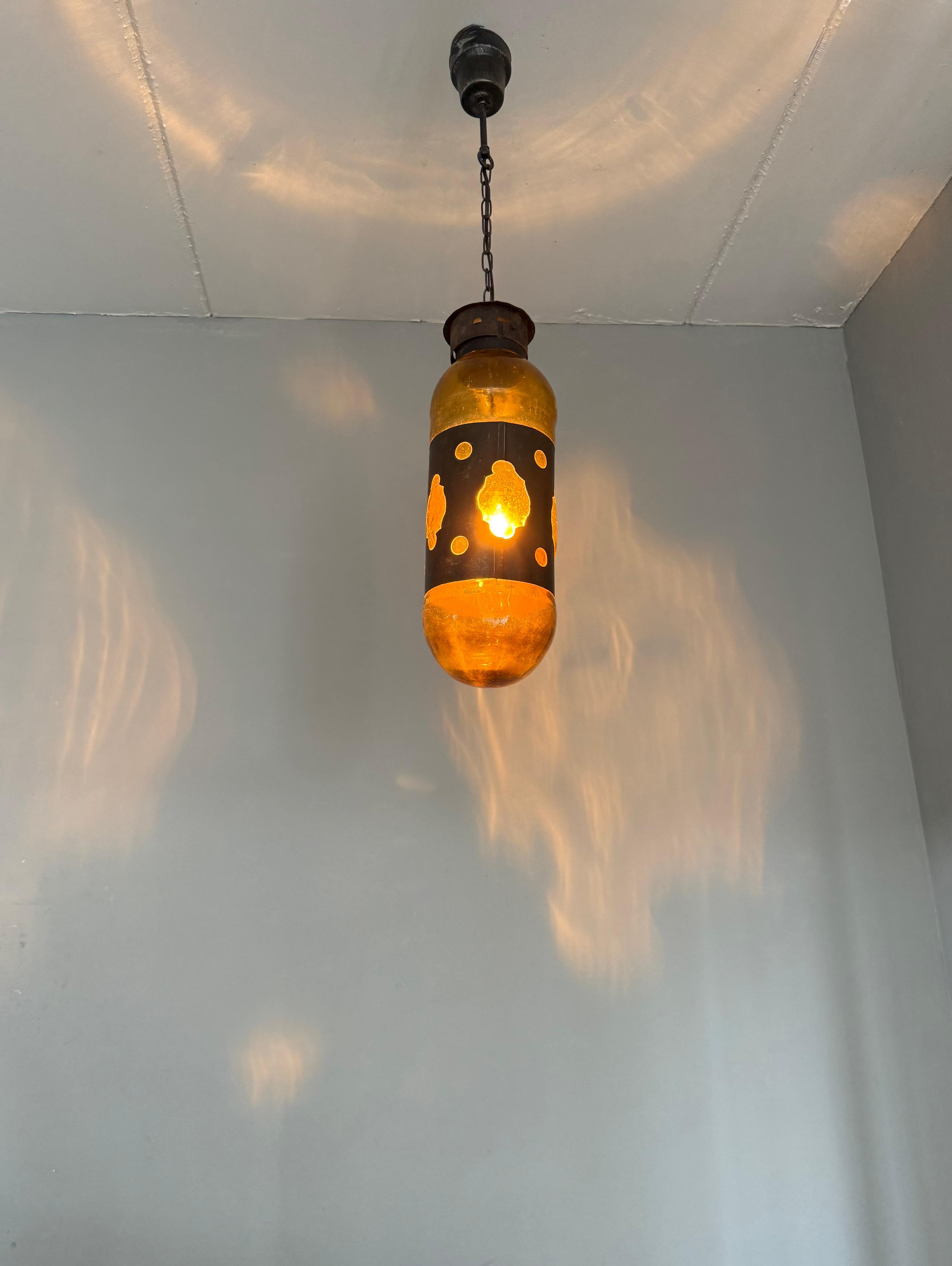 Mid-Century Modern Amber Glass and Patinated Metal Pendant, Attr. to Nanny Still For Sale 6