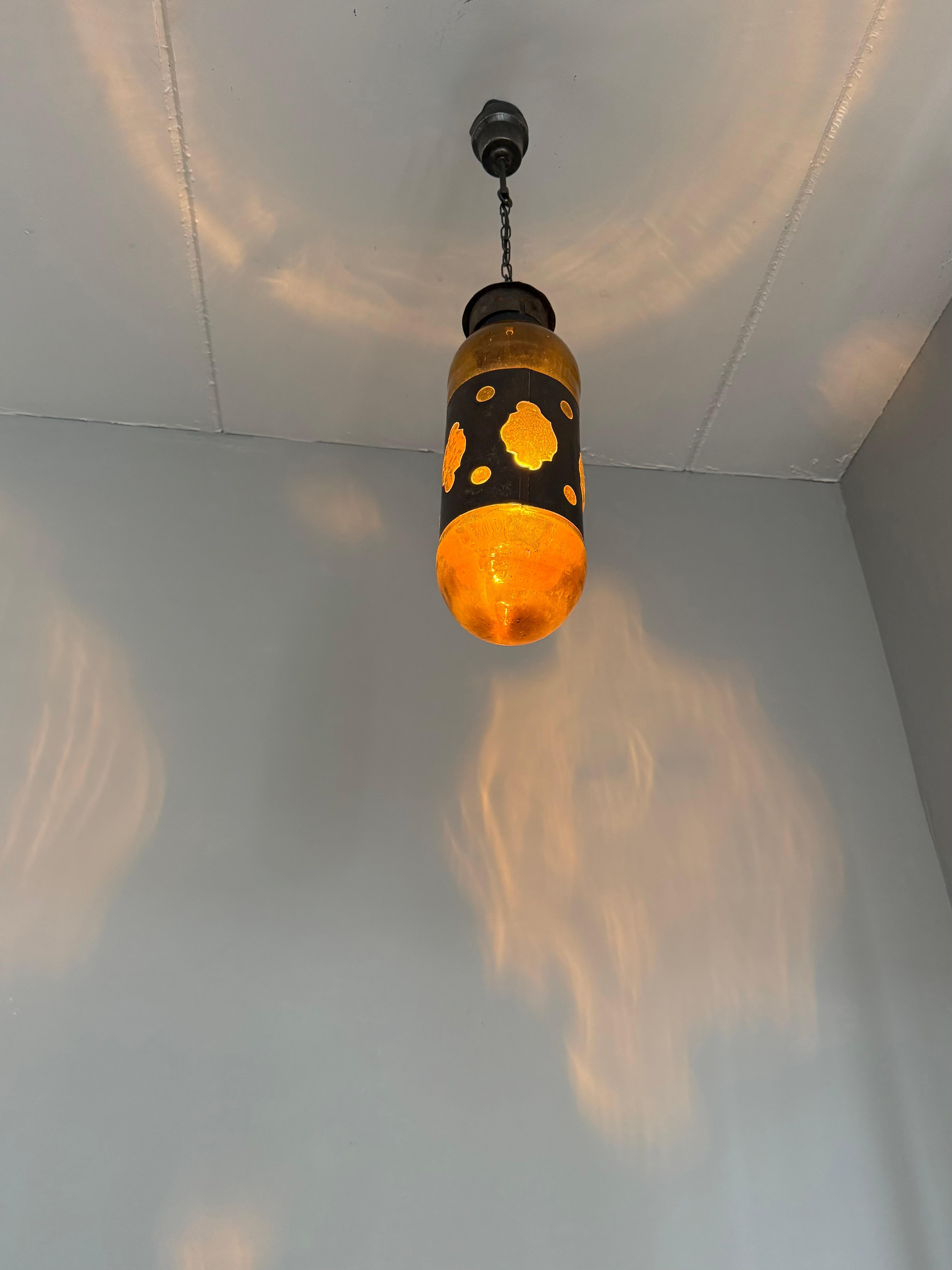 Mid-Century Modern Amber Glass and Patinated Metal Pendant, Attr. to Nanny Still For Sale 7