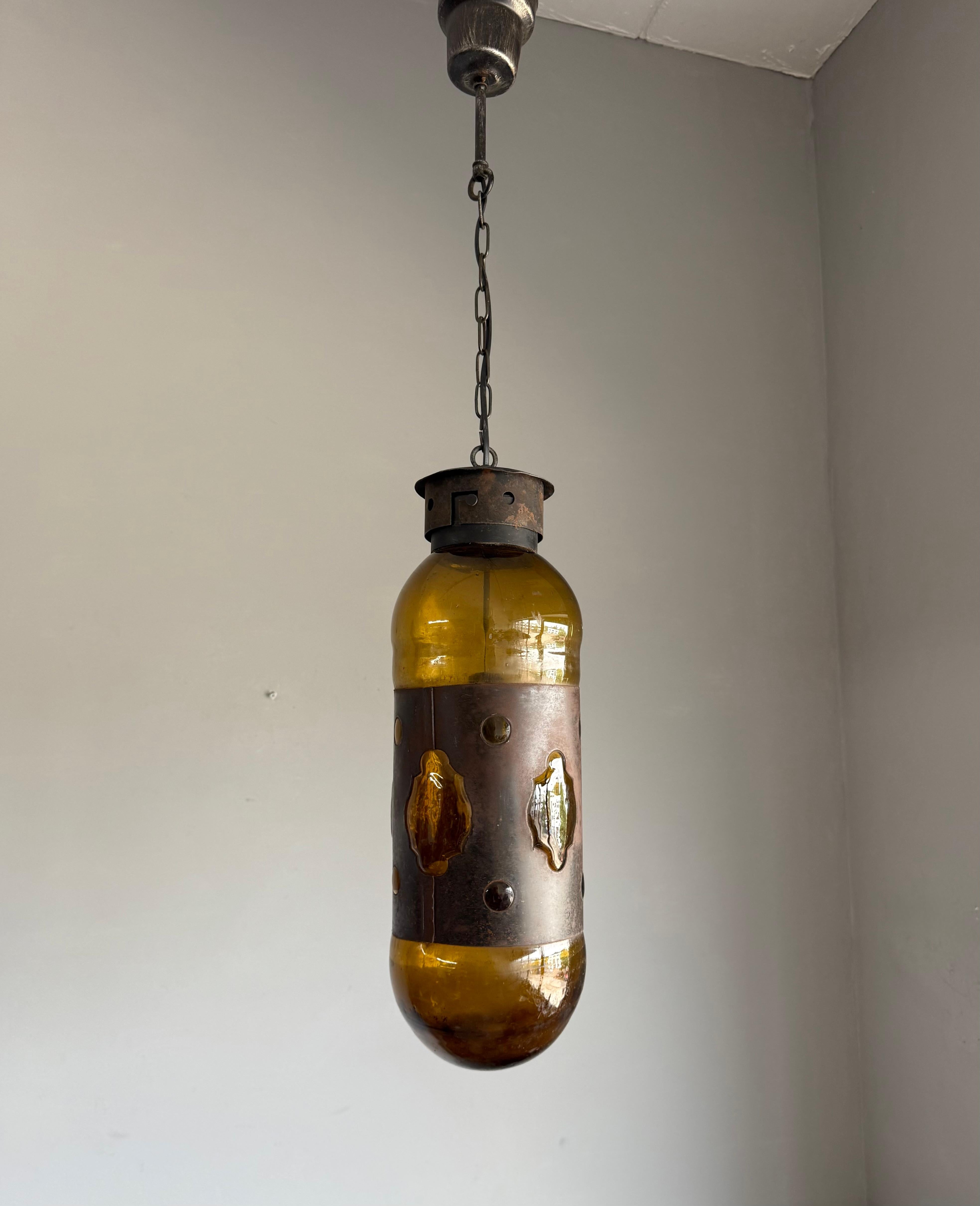 Mid-Century Modern Amber Glass and Patinated Metal Pendant, Attr. to Nanny Still For Sale 2
