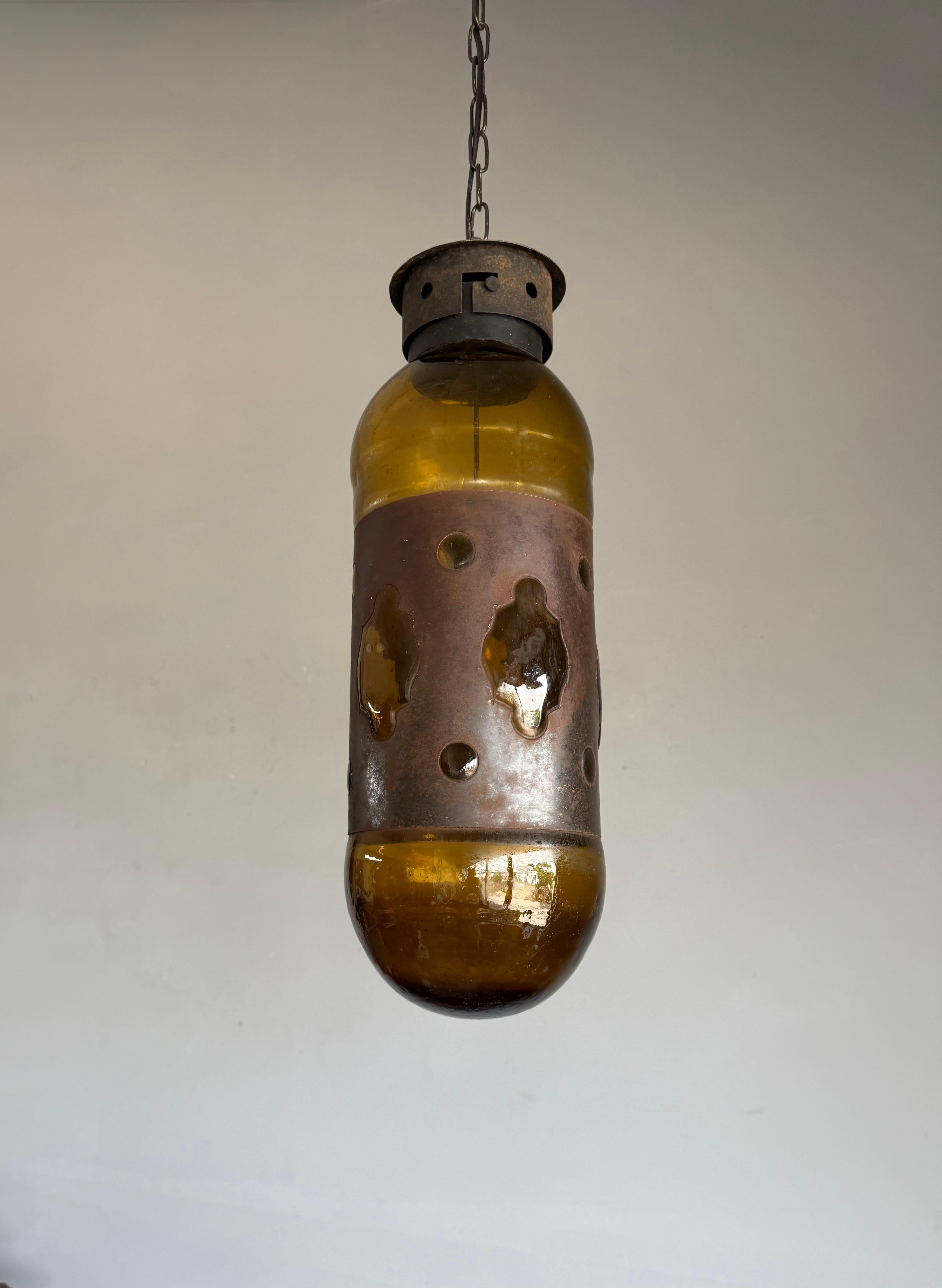 Mid-Century Modern Amber Glass and Patinated Metal Pendant, Attr. to Nanny Still For Sale 3