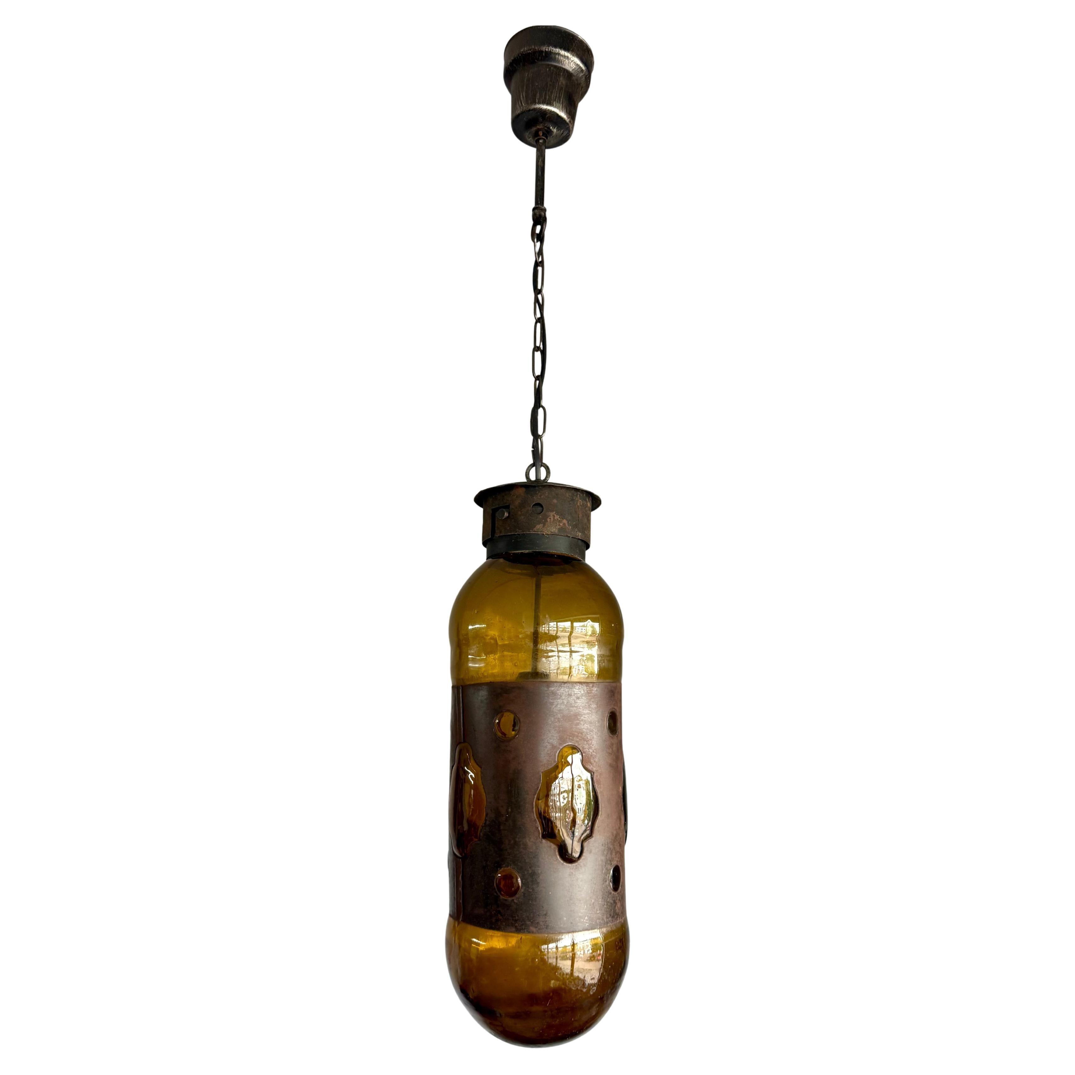 Mid-Century Modern Amber Glass and Patinated Metal Pendant, Attr. to Nanny Still