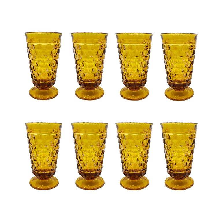 Mid-Century Modern Amber Glass Drinking Glasses in Whitehall Pattern, Set of 8