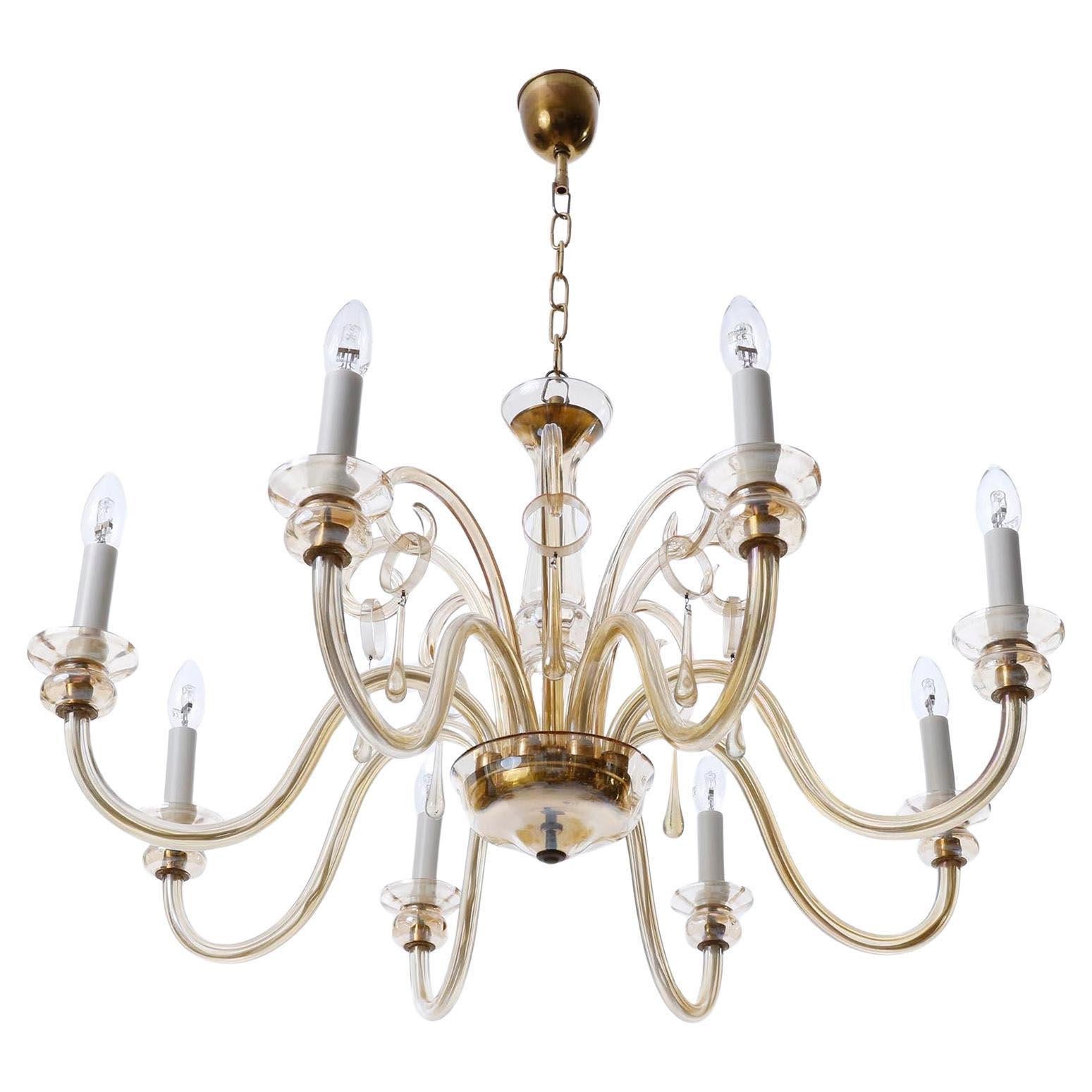 Mid-20th Century Mid-Century Modern Amber Tone Murano Glass Chandelier, Eight Arms, 1960s For Sale