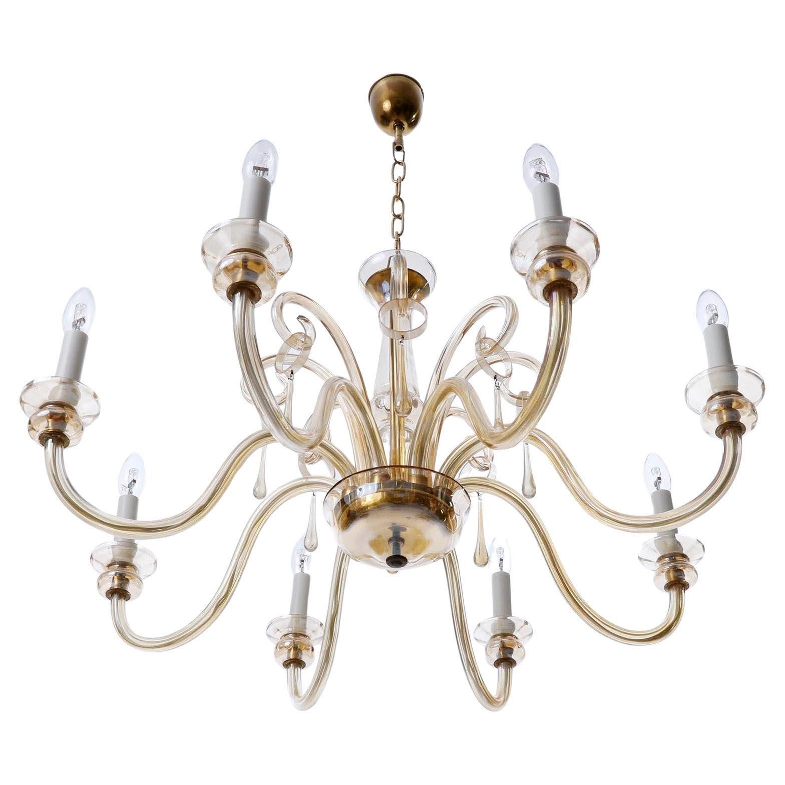 Brass Mid-Century Modern Amber Tone Murano Glass Chandelier, Eight Arms, 1960s For Sale