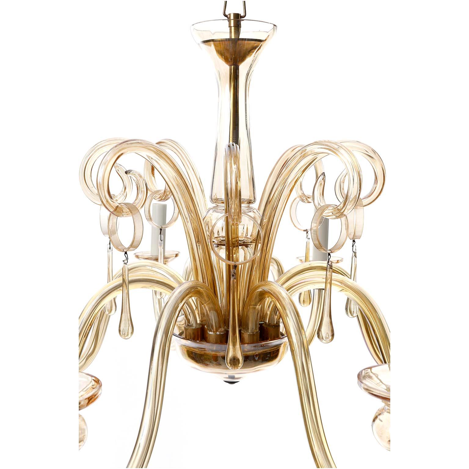 Mid-Century Modern Amber Tone Murano Glass Chandelier, Eight Arms, 1960s For Sale 2
