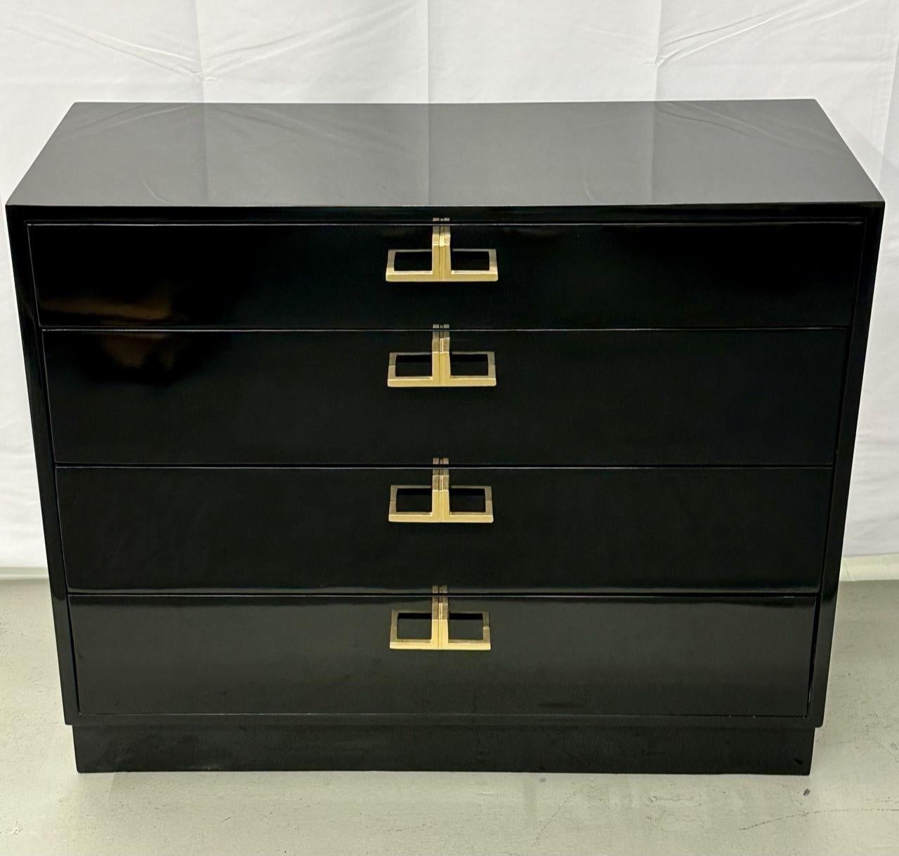 Mid-Century Modern American Designer Black Lacquer Cabinets / Nightstands, Brass For Sale 6