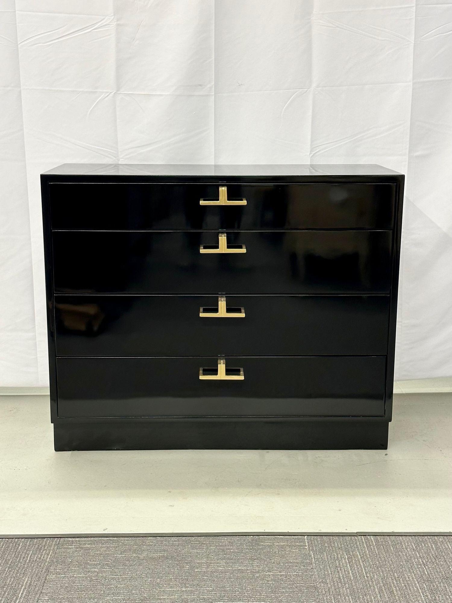 Mid-Century Modern American designer black lacquer cabinets / nightstands, brass.