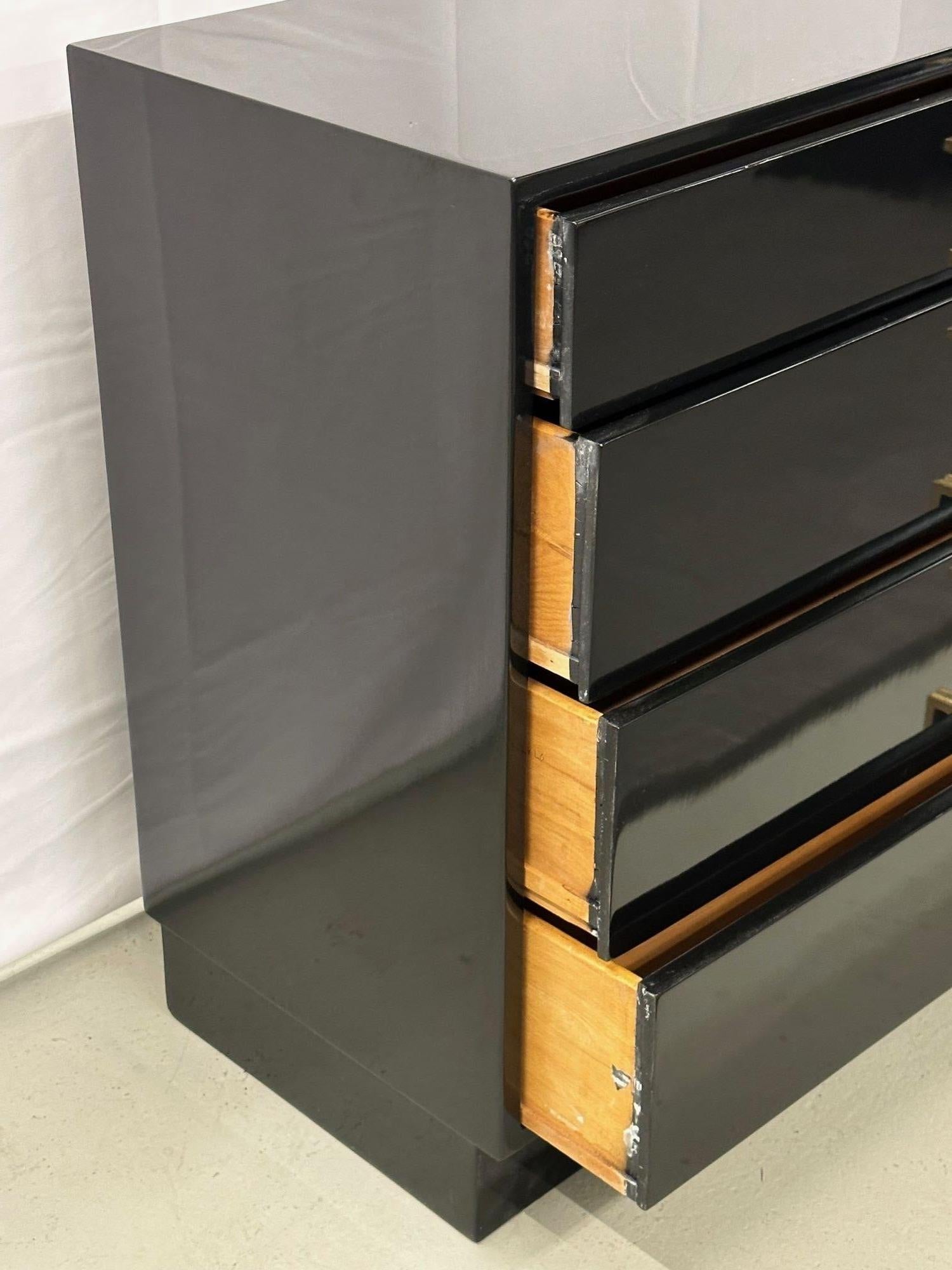 Mid-20th Century Mid-Century Modern American Designer Black Lacquer Cabinets / Nightstands, Brass For Sale
