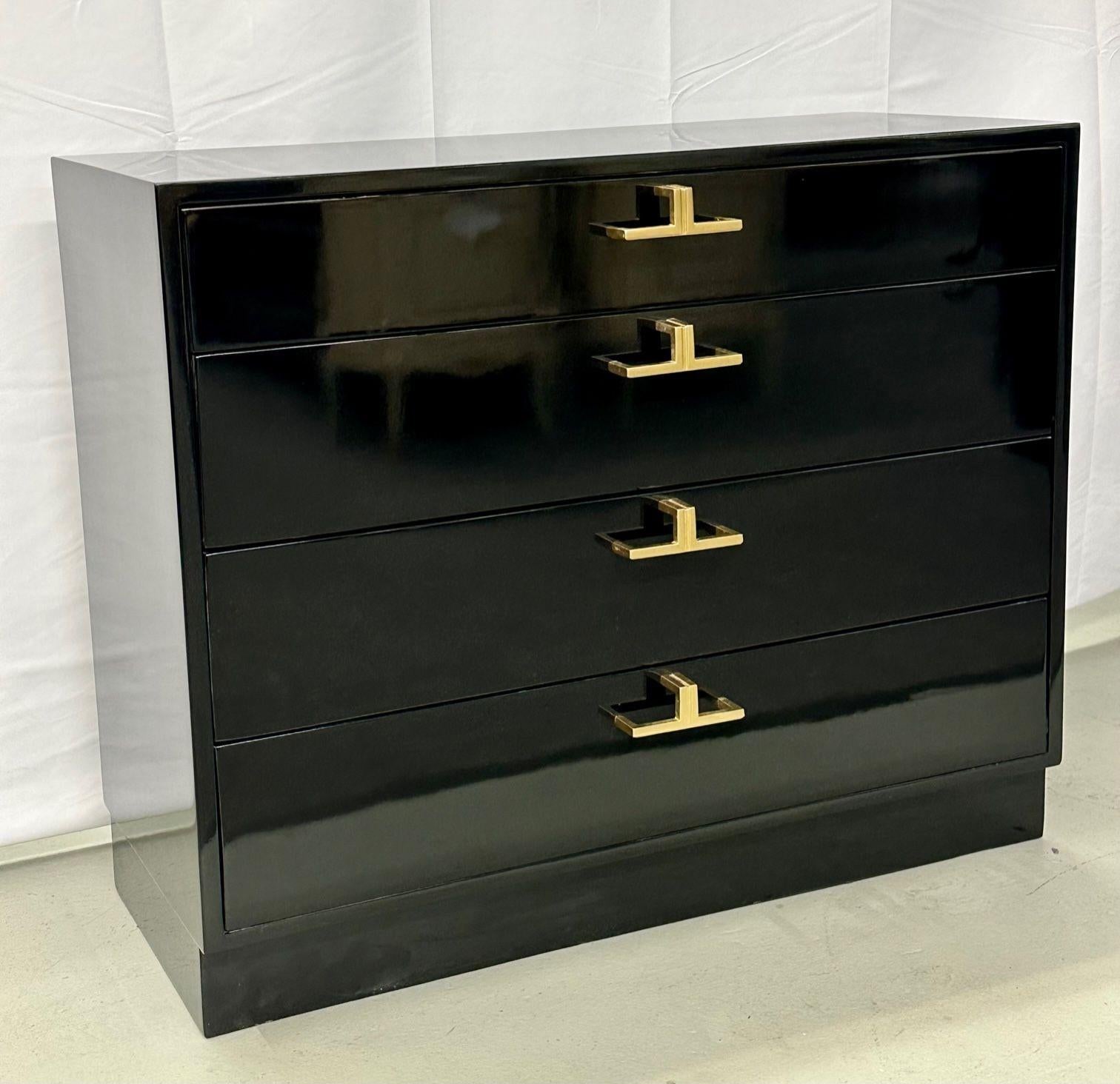 Mid-Century Modern American Designer Black Lacquer Cabinets / Nightstands, Brass For Sale 5