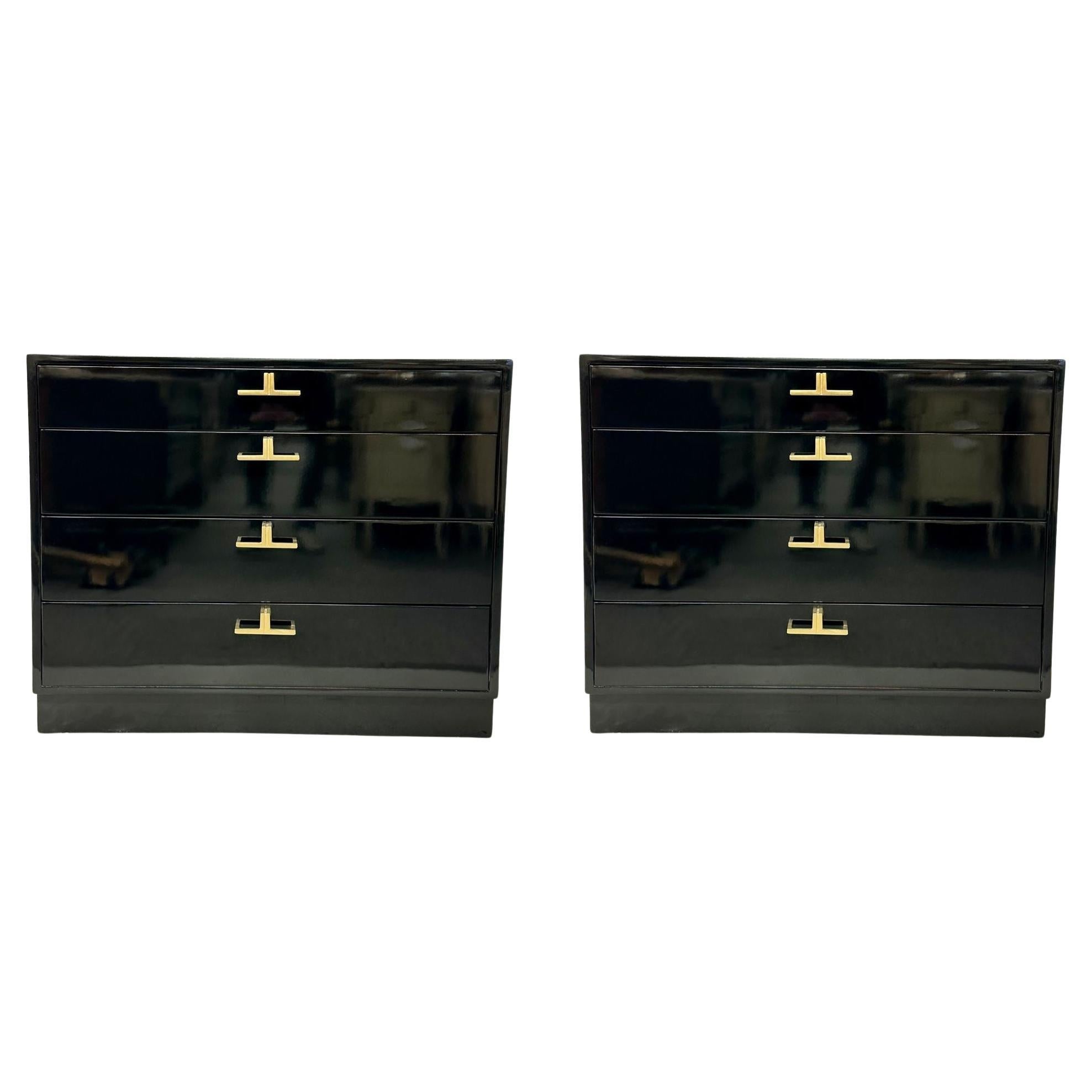 Mid-Century Modern American Designer Black Lacquer Cabinets / Nightstands, Brass For Sale