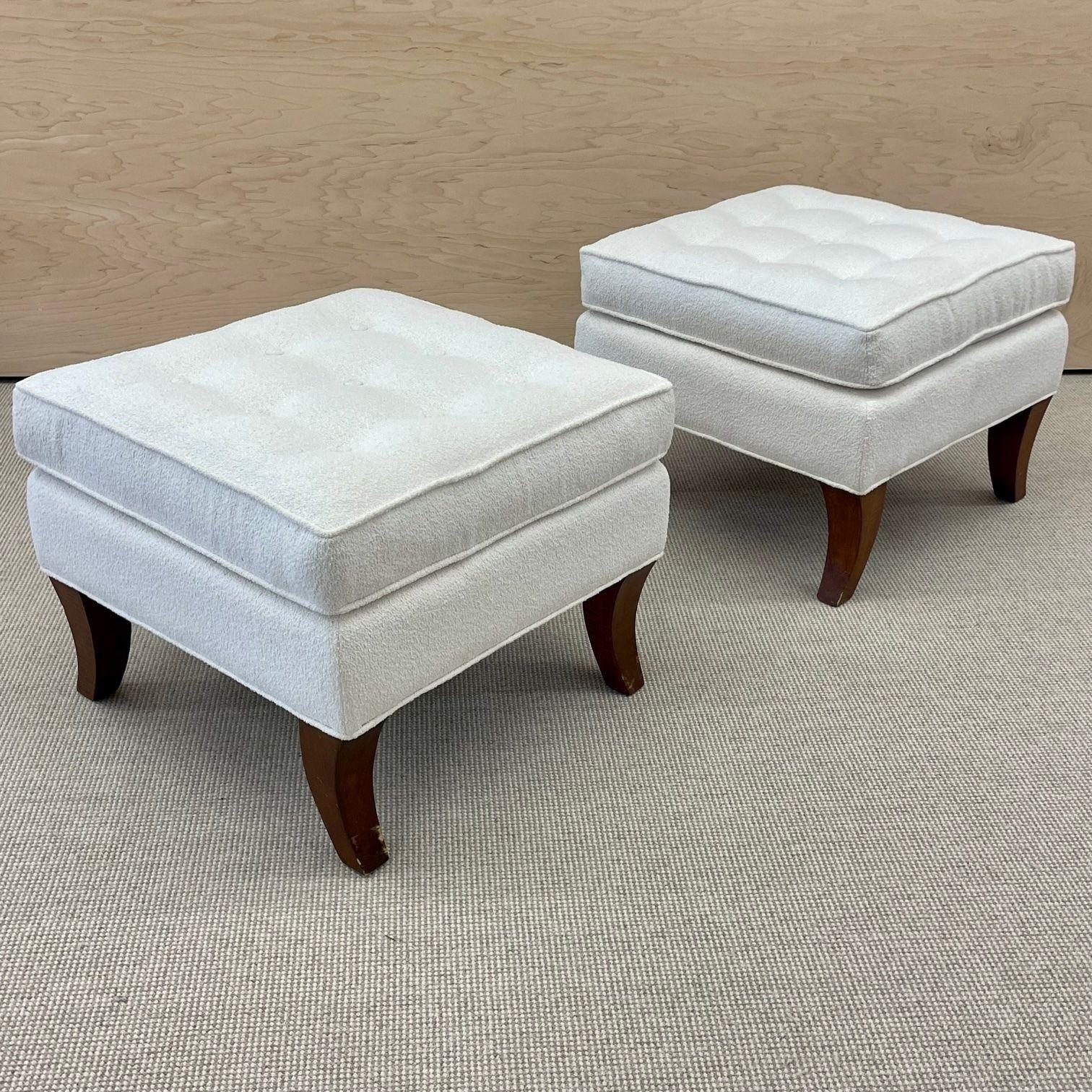 Mid-Century Modern American Designer Tufted Ottomans, Stools, Footstools Walnut, Bouclé

Pair of Mid-Century stools or ottomans by an unknown American designer having organic curved walnut legs and a new white Bouclé upper. The upper has an