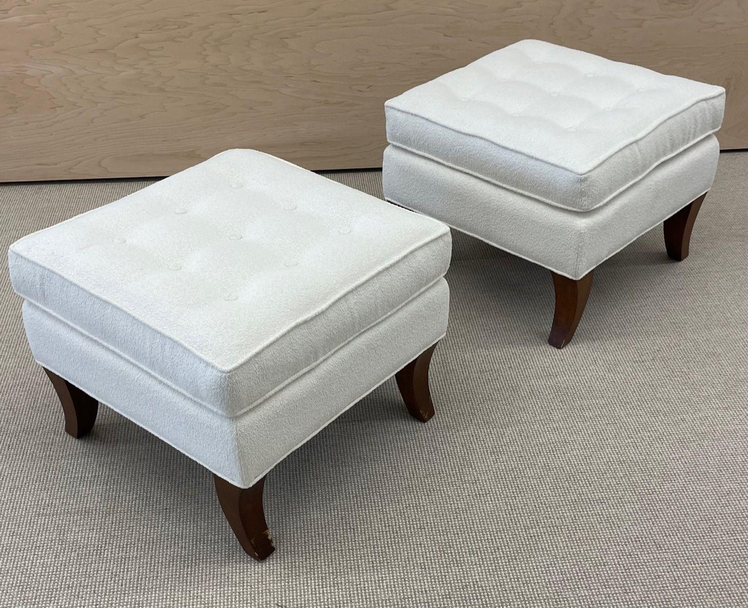 American Designer, Mid-Century Modern Tufted Ottomans, Stools, Walnut, Bouclé In Good Condition For Sale In Stamford, CT