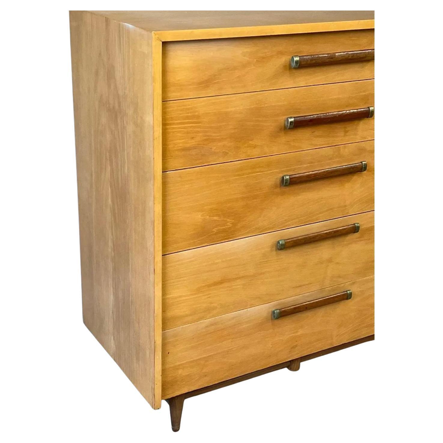 Woodwork Mid-Century Modern American of Martinsville 5 Drawer Tall Dresser Blonde Maple For Sale