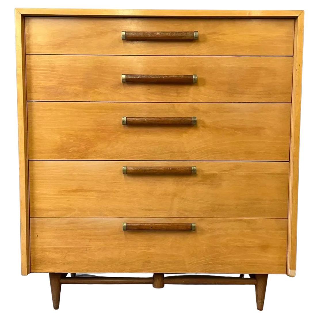 Mid-Century Modern American of Martinsville 5 Drawer Tall Dresser Blonde Maple For Sale