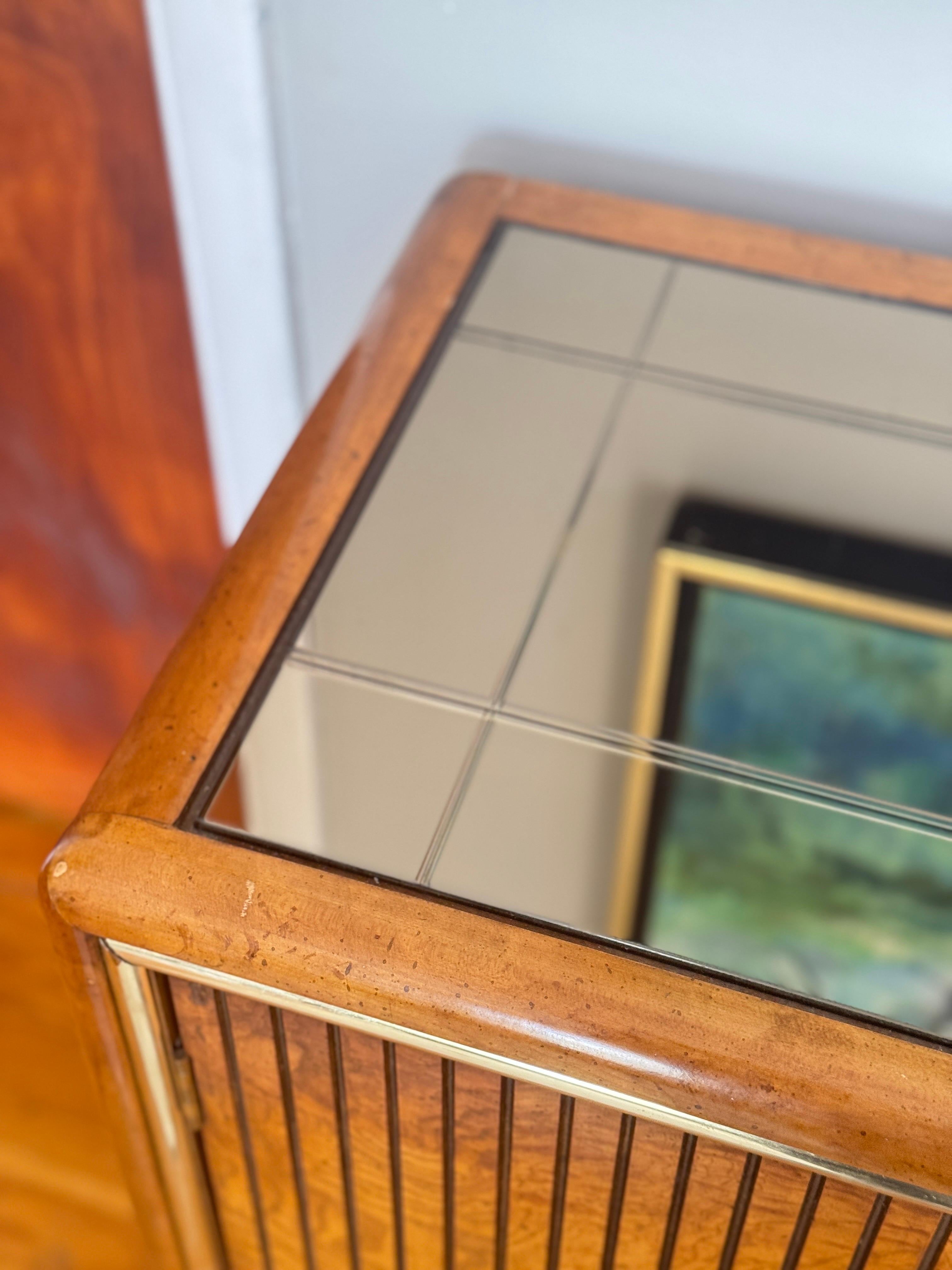 Mid-Century Modern American of Martinsville Server with Mirrored Top, Brass Pulls, and Burl Accents