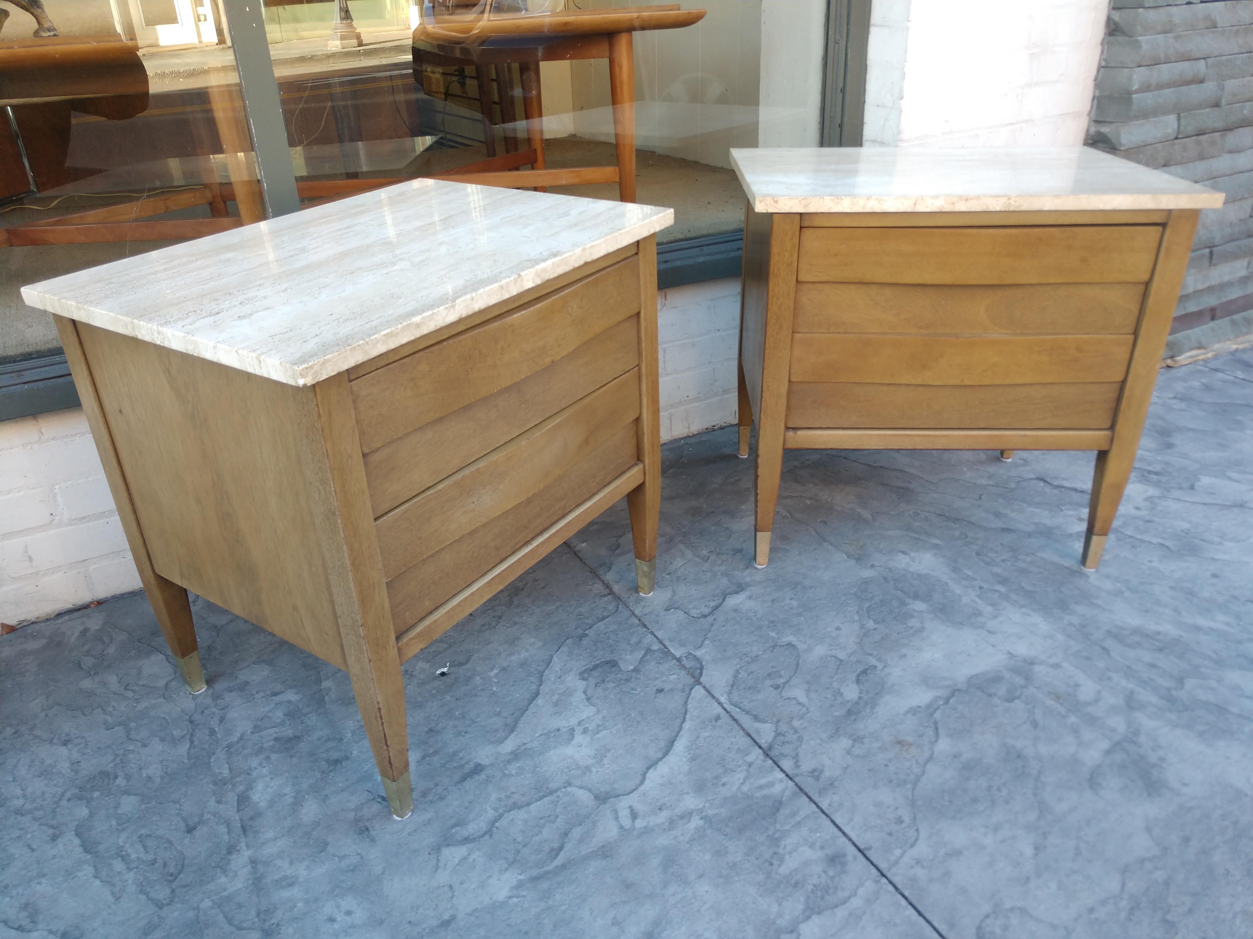Mid Century Modern American of Martinsville Travertine Top Night Tables For Sale 1