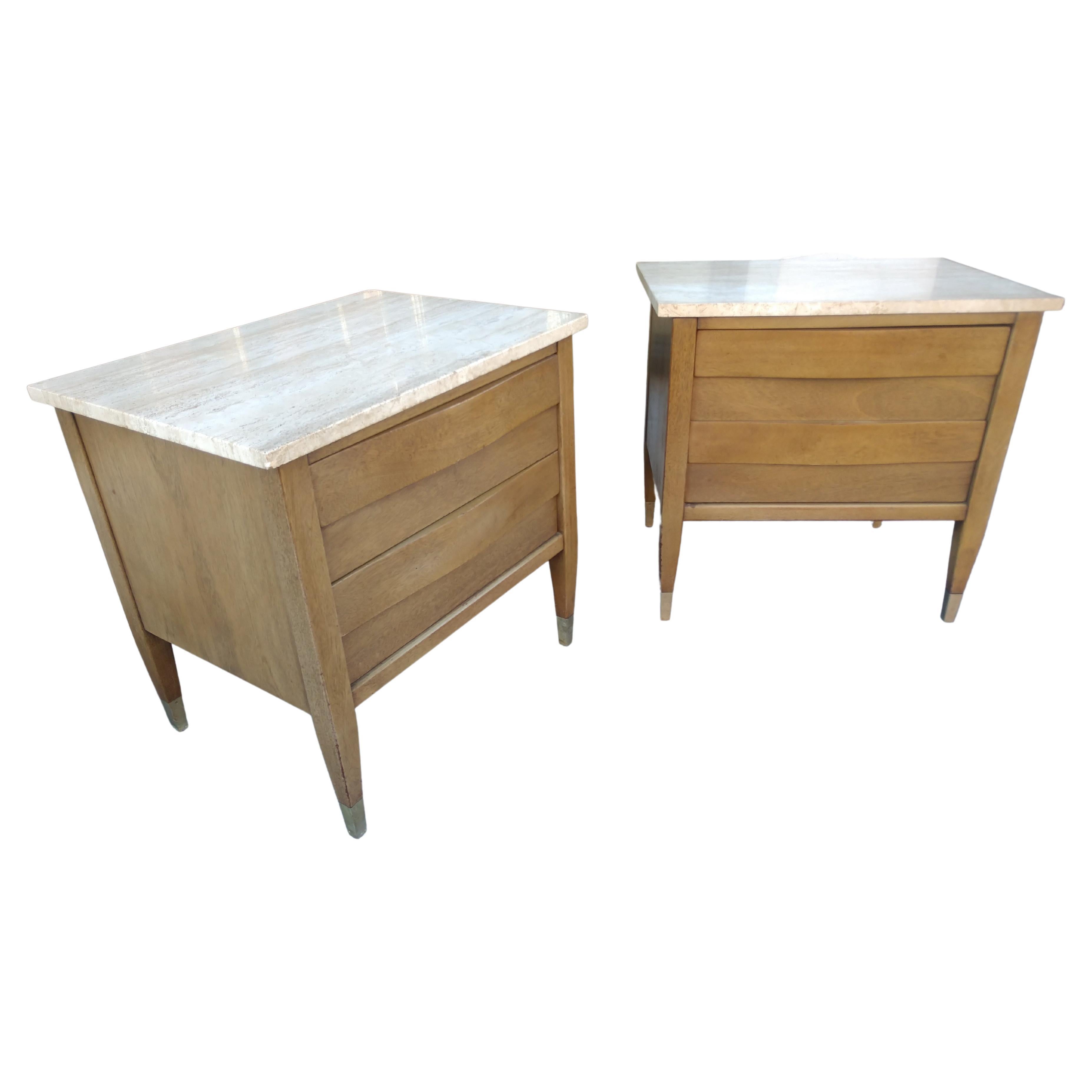 Mid Century Modern American of Martinsville Travertine Top Night Tables In Good Condition For Sale In Port Jervis, NY