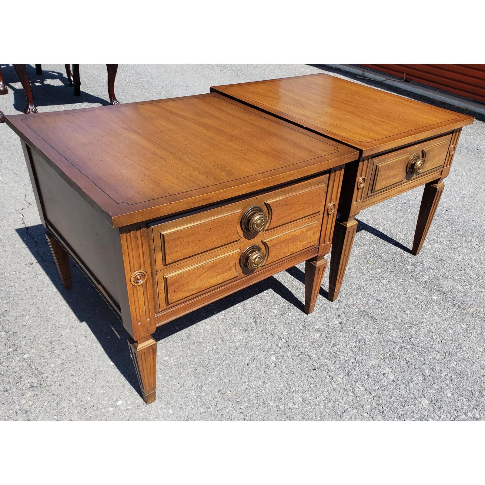 Two side tables from American of Martinsville one (rectangular) measures 21 inches tall by 22 inches wide by 27 inches deep. Second ( square) measures 21 inches high by 25 inches wide by 25 inches deep.
There is some wear and nicks noted on the