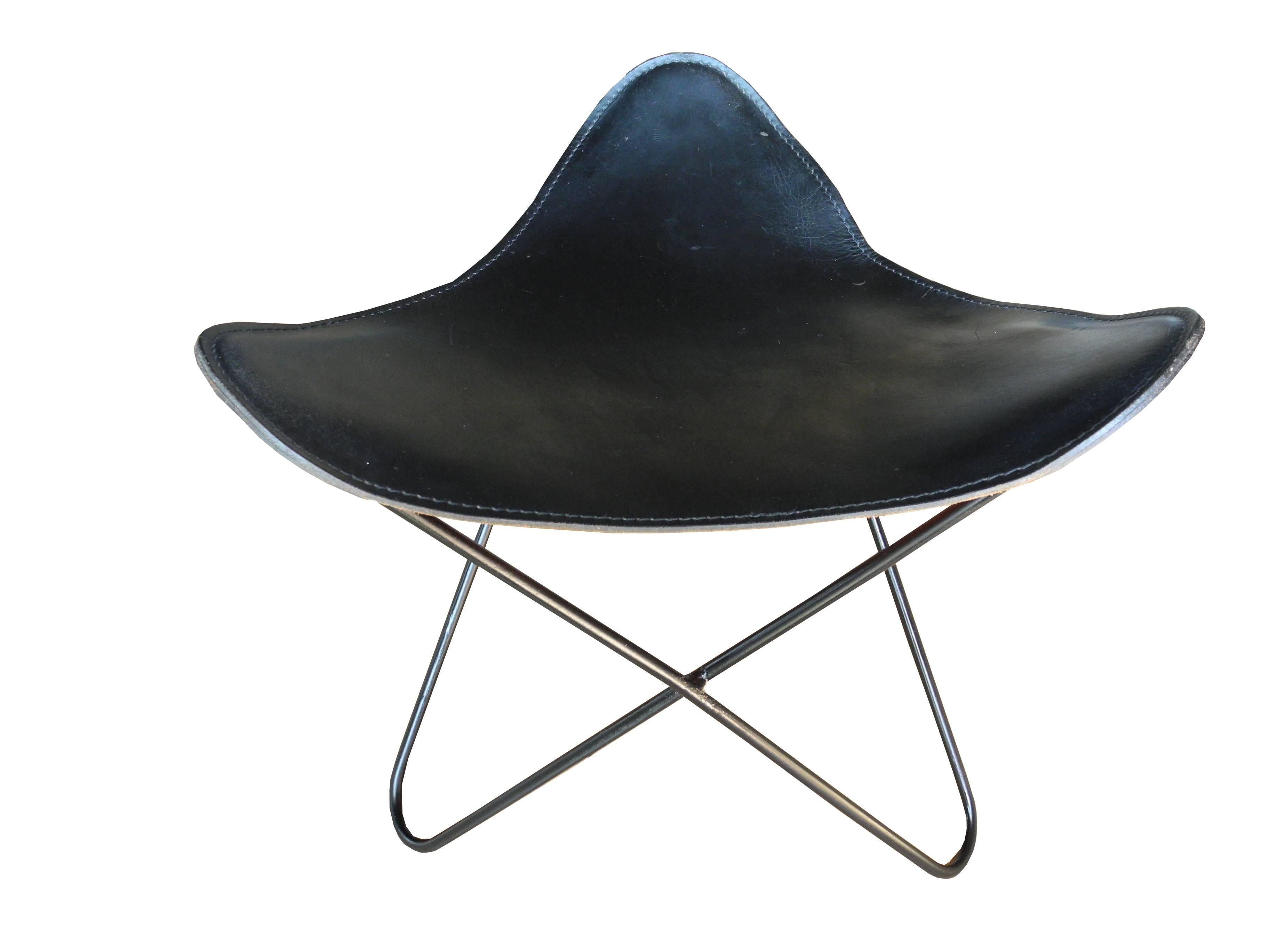 20th Century Mid-Century Modern American Saddle Leather and Iron Stool/Ottoman, 1960s For Sale