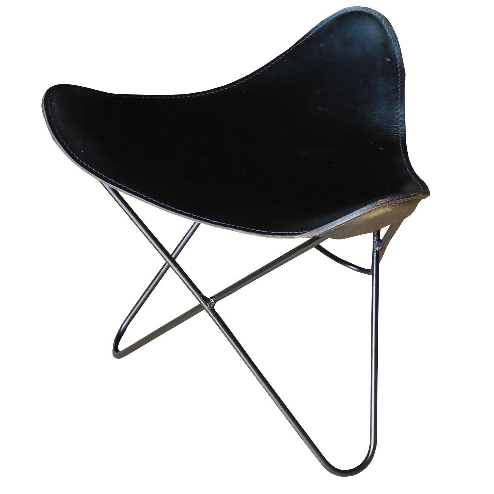 Mid-Century Modern American Saddle Leather and Iron Stool/Ottoman, 1960s For Sale