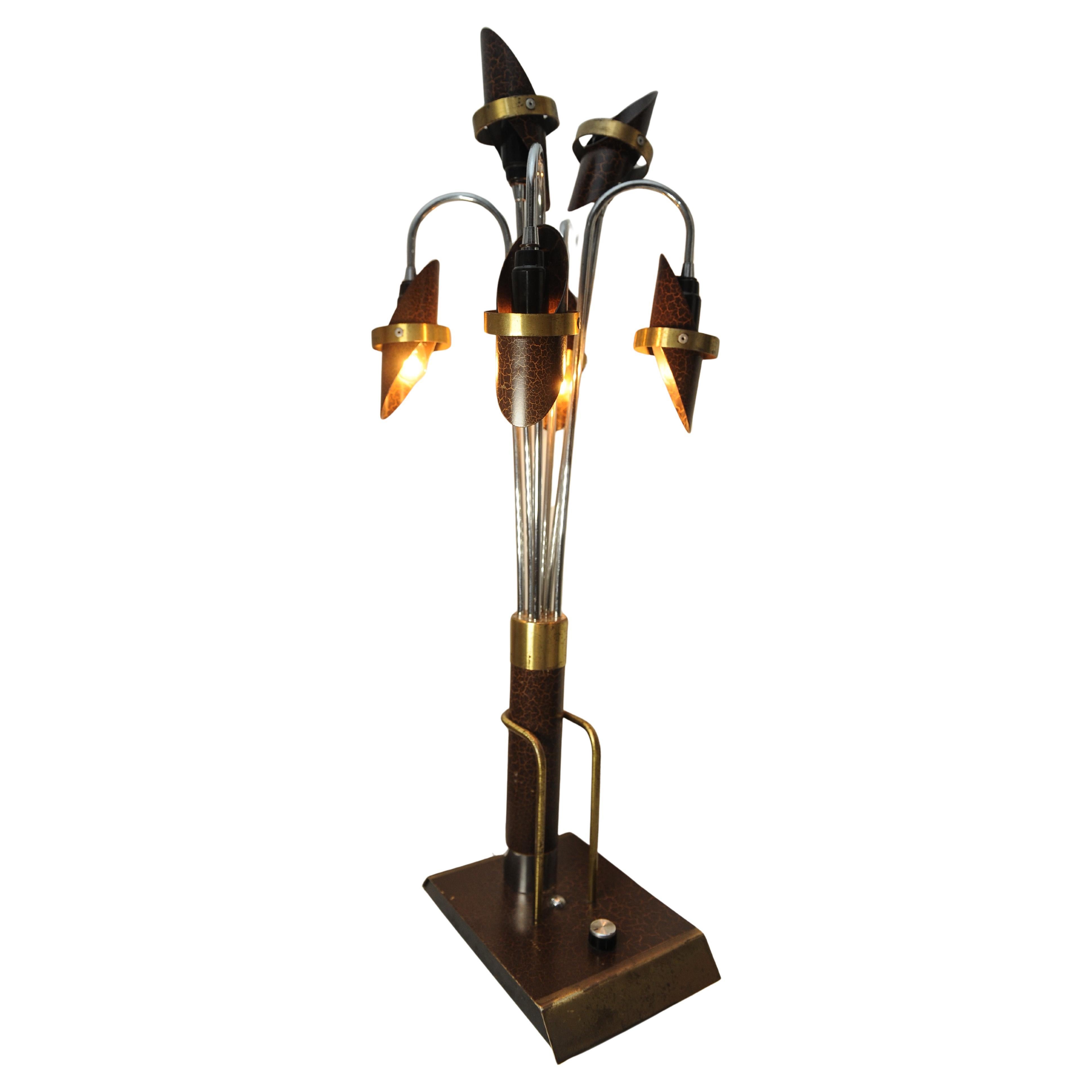 Laiton The Moderns Modern Americain Six Branch Chrome & Brass Sculptural Table Lampes de table en vente