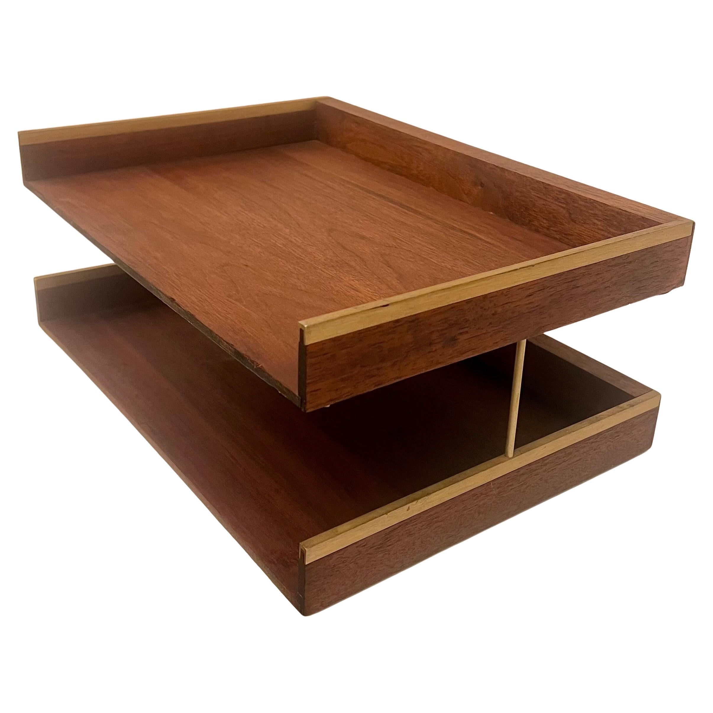 Mid-Century Modern American Walnut & Brass Modernist Paper Desk Tray