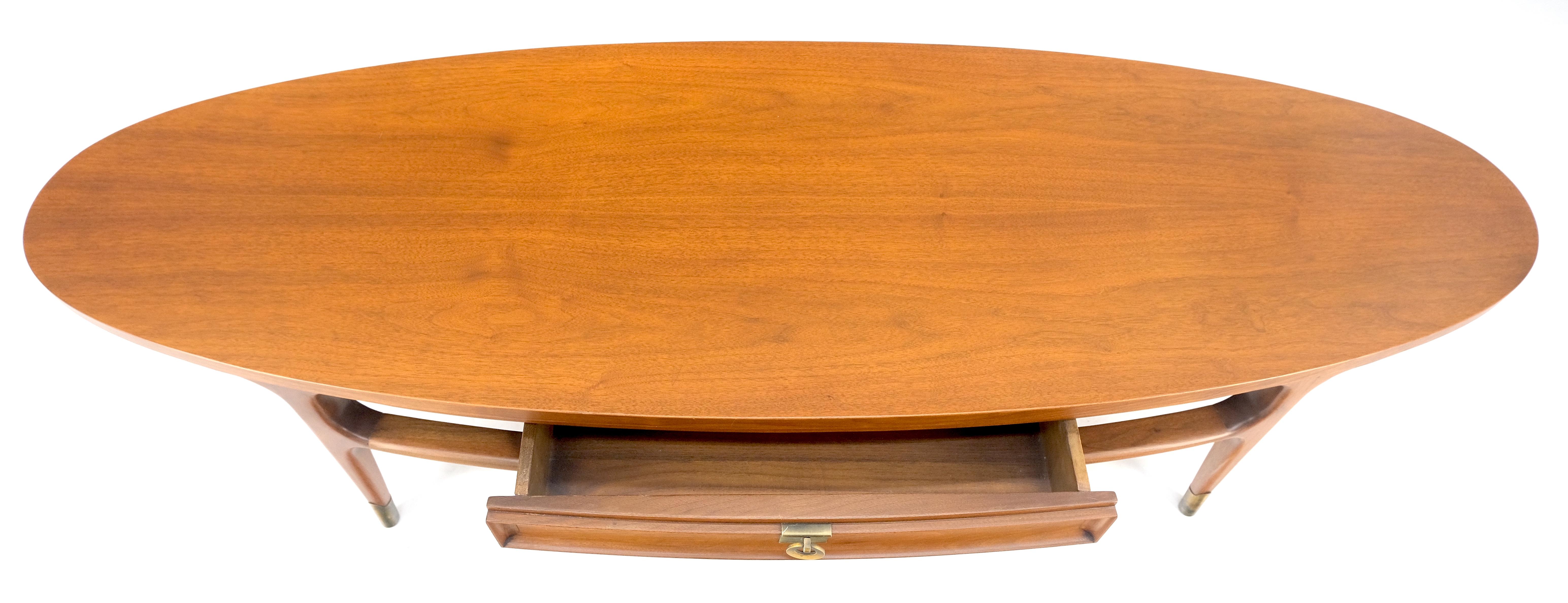 Lacquered Mid Century Modern American Walnut Oval One Drawer Tapered Leg Coffee Table MINT For Sale
