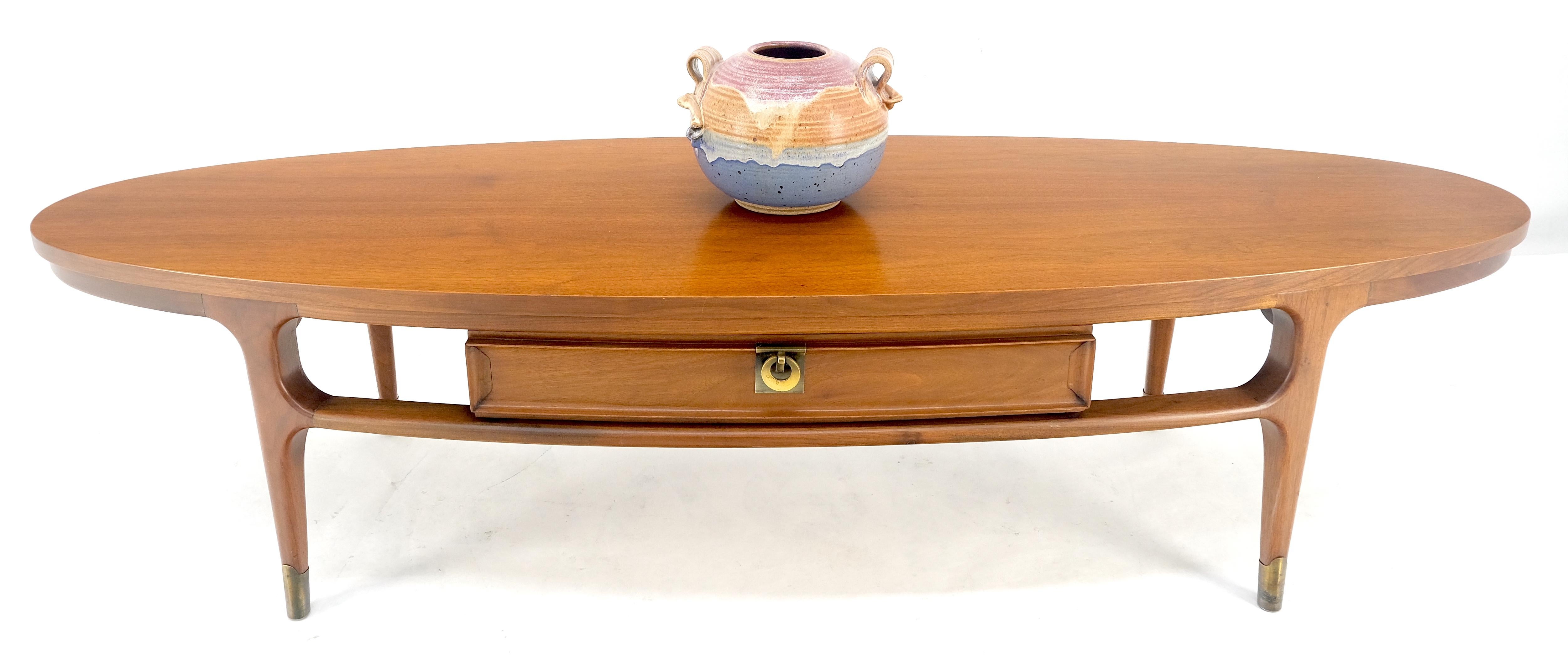 20th Century Mid Century Modern American Walnut Oval One Drawer Tapered Leg Coffee Table MINT For Sale