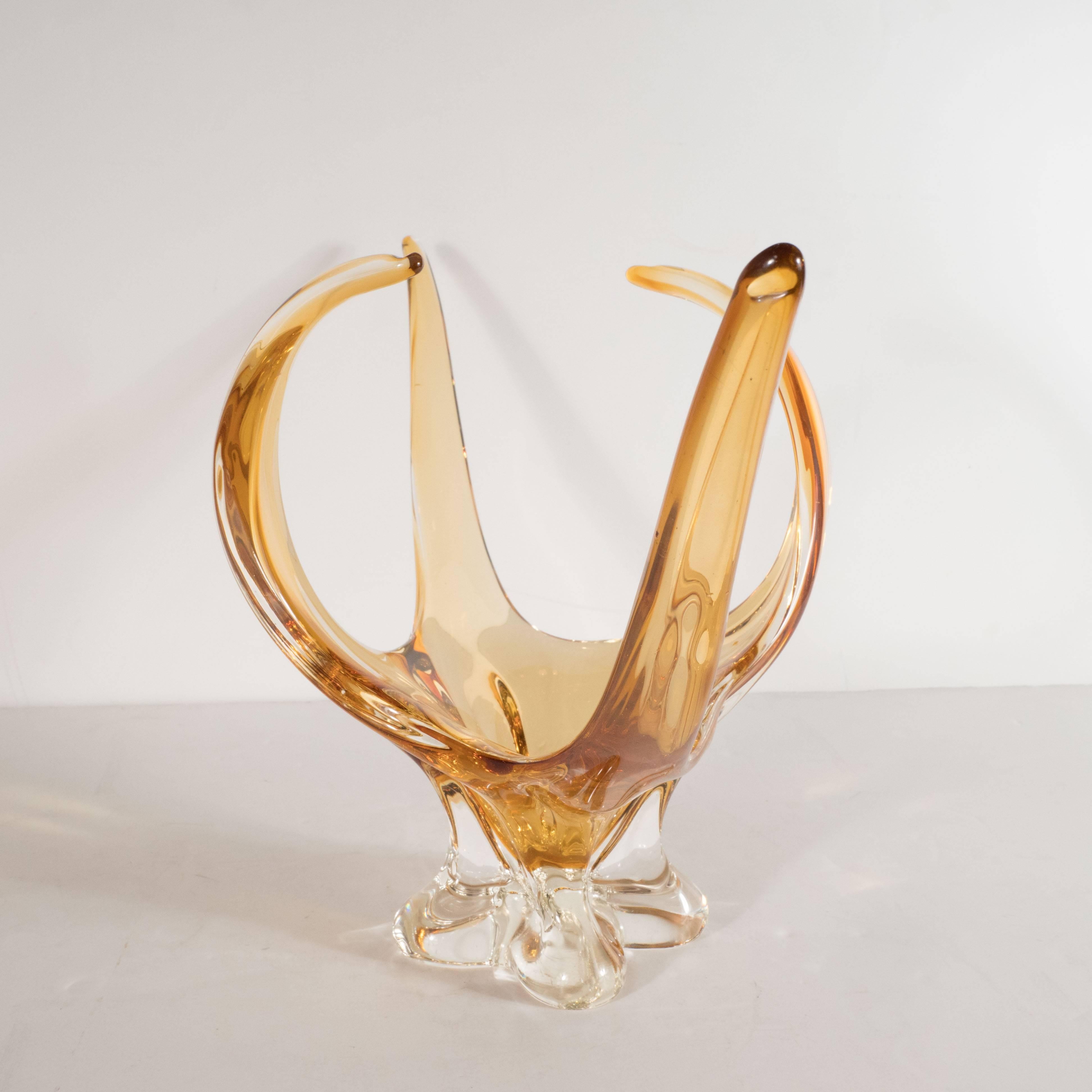Mid-Century Modern Amorphic Organic Handblown Murano Glass Amber Dish In Excellent Condition In New York, NY