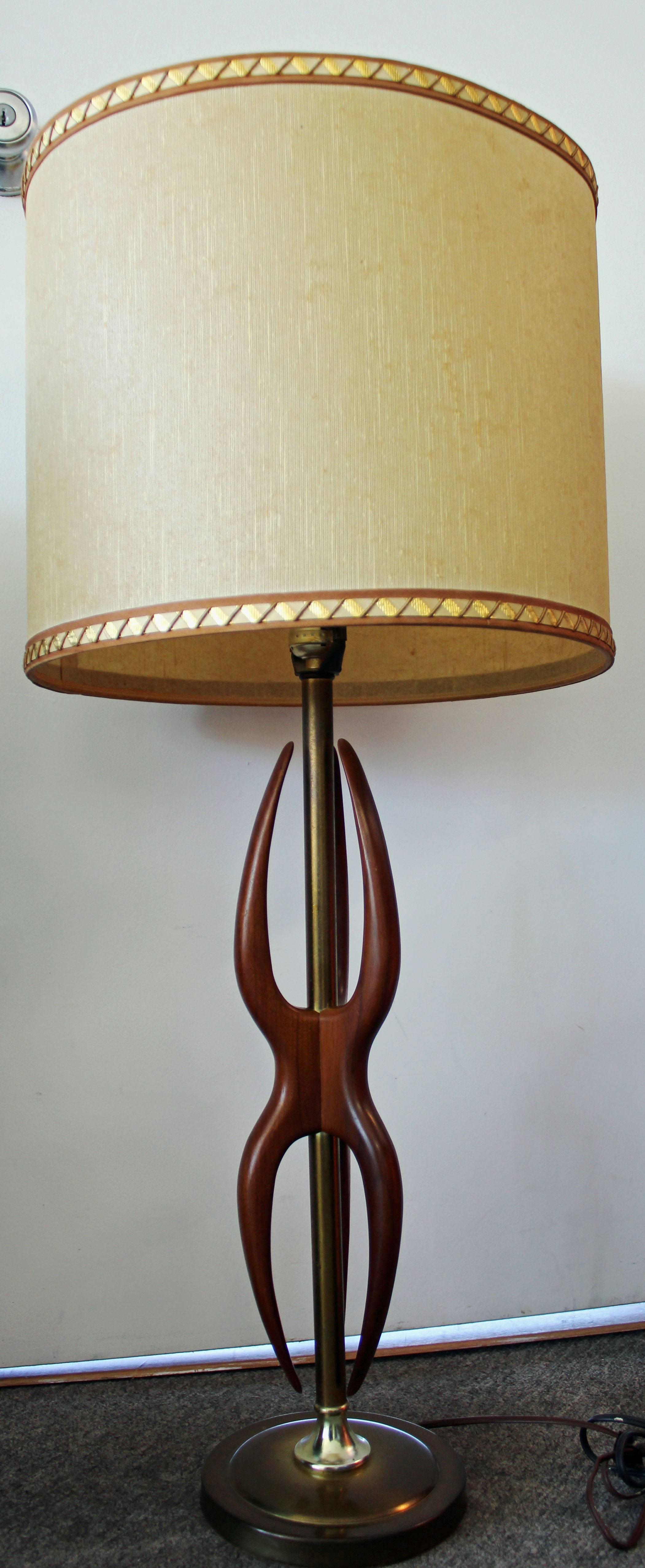 Unknown Mid-Century Modern Amorphous Walnut and Brass Table Lamp