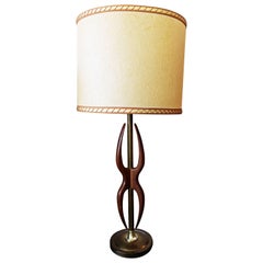 Mid-Century Modern Amorphous Walnut and Brass Table Lamp