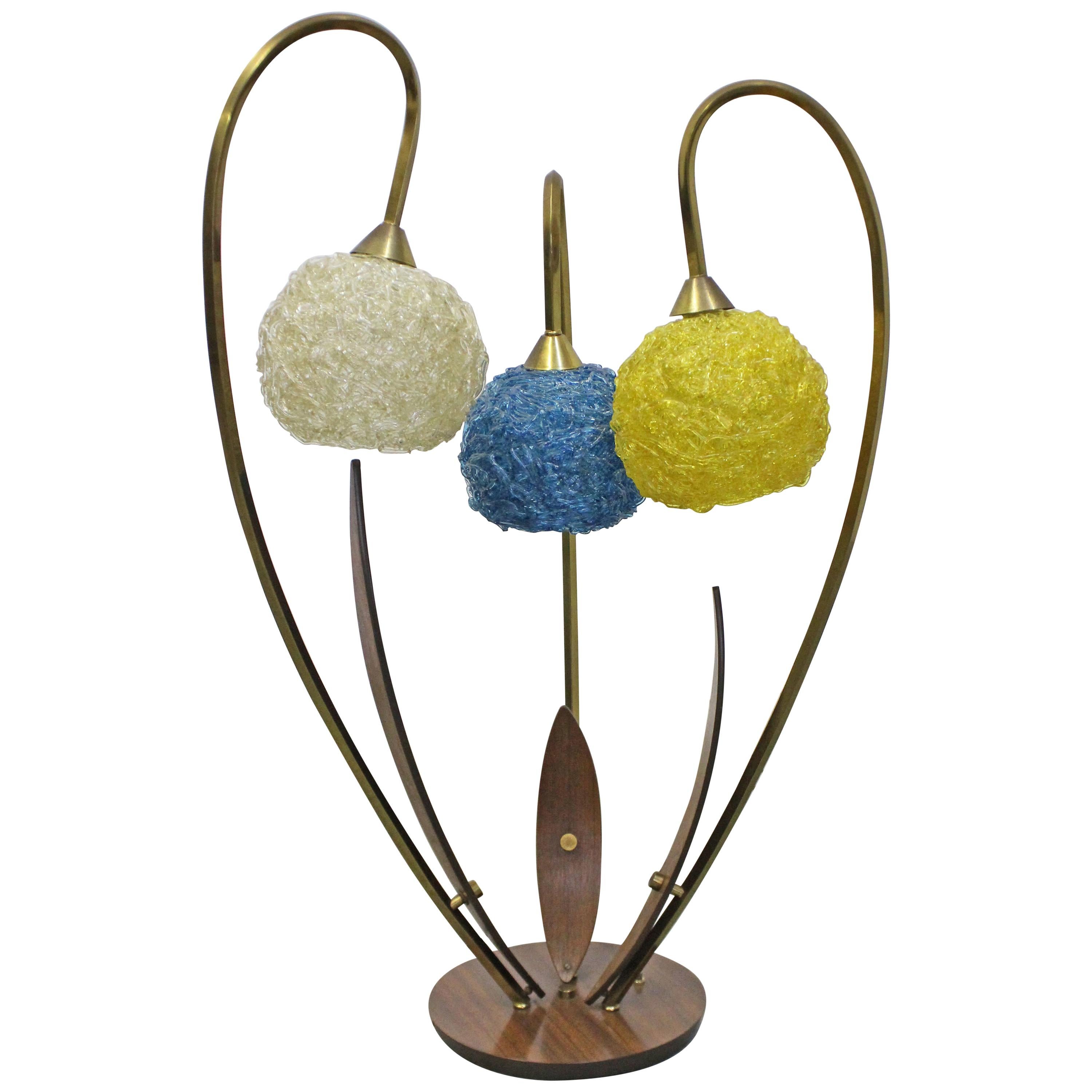 Mid-Century Modern Amorphous Walnut Brass Flower Spaghetti 3-Way Table Lamp