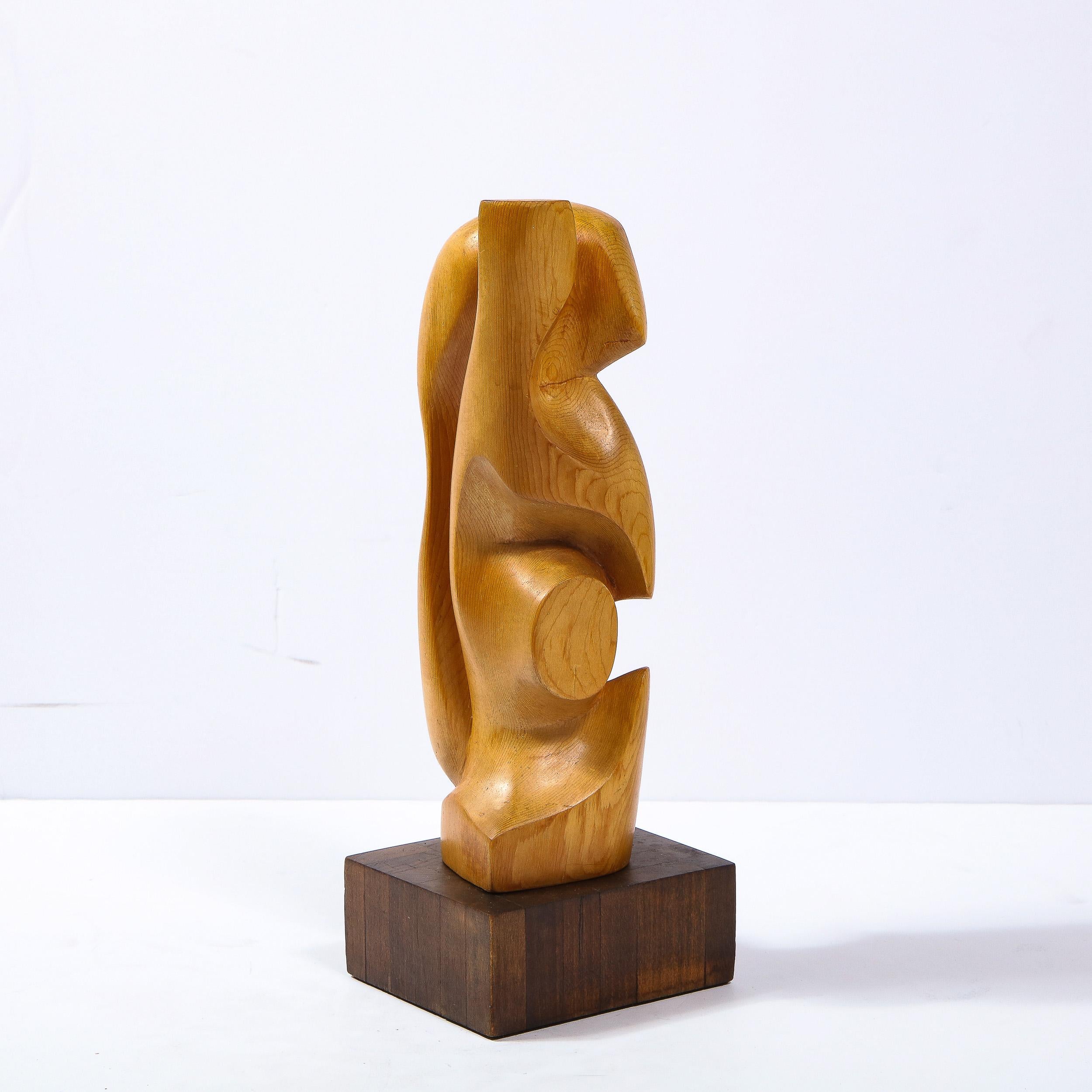 Mid-Century Modern Anamorphic Abstract Oak Sculpture on Walnut Pedestal 5
