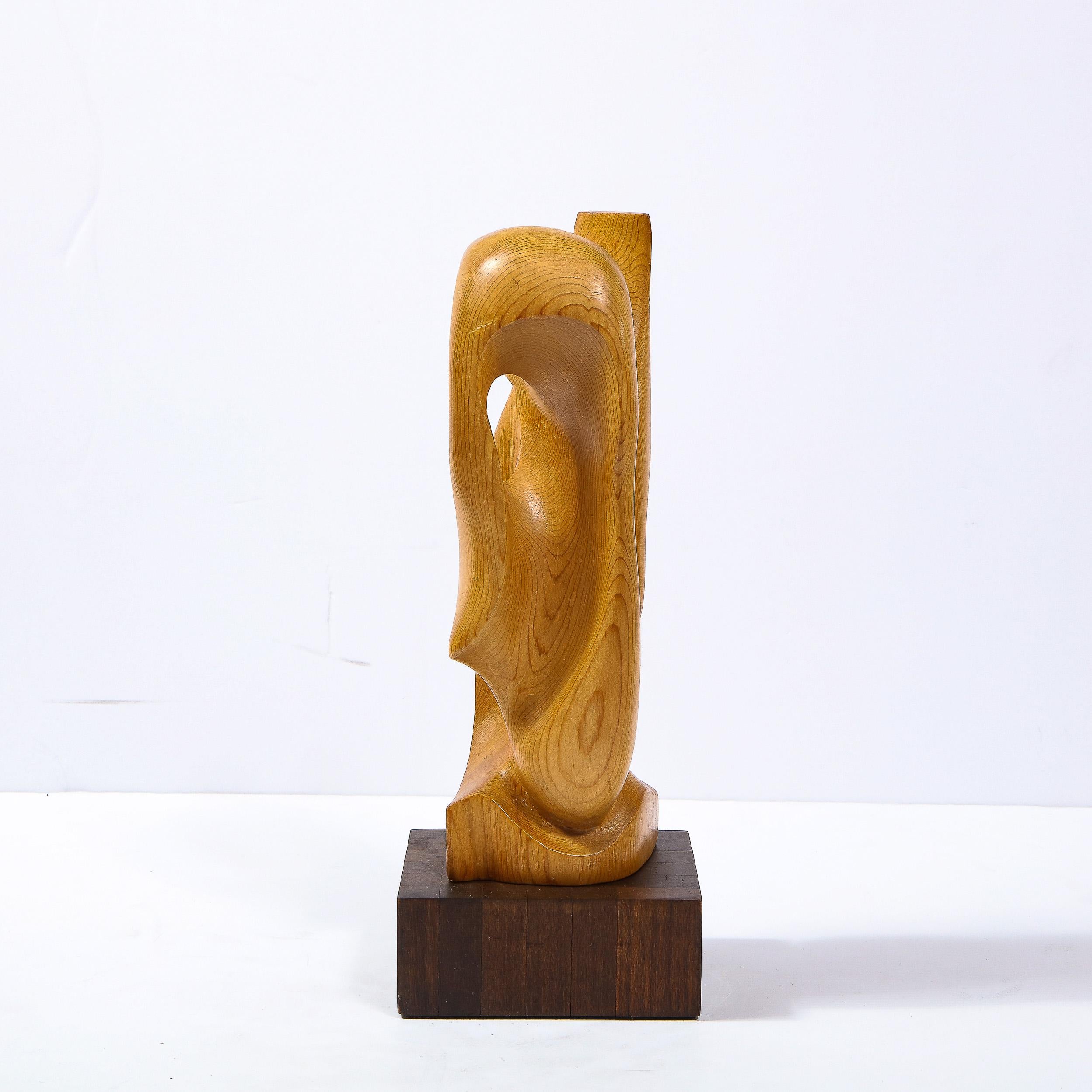 American Mid-Century Modern Anamorphic Abstract Oak Sculpture on Walnut Pedestal