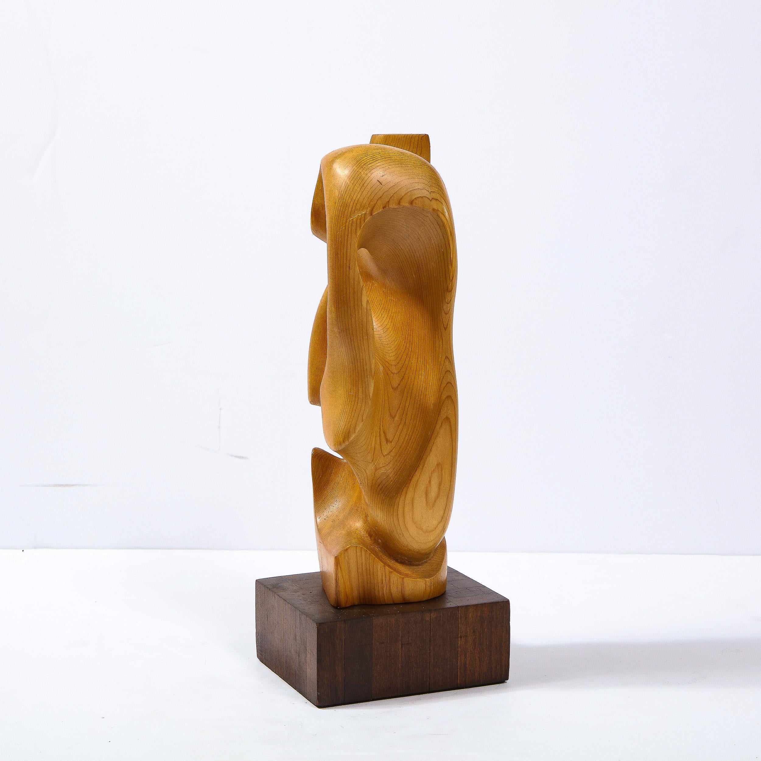 Mid-Century Modern Anamorphic Abstract Oak Sculpture on Walnut Pedestal In Excellent Condition In New York, NY