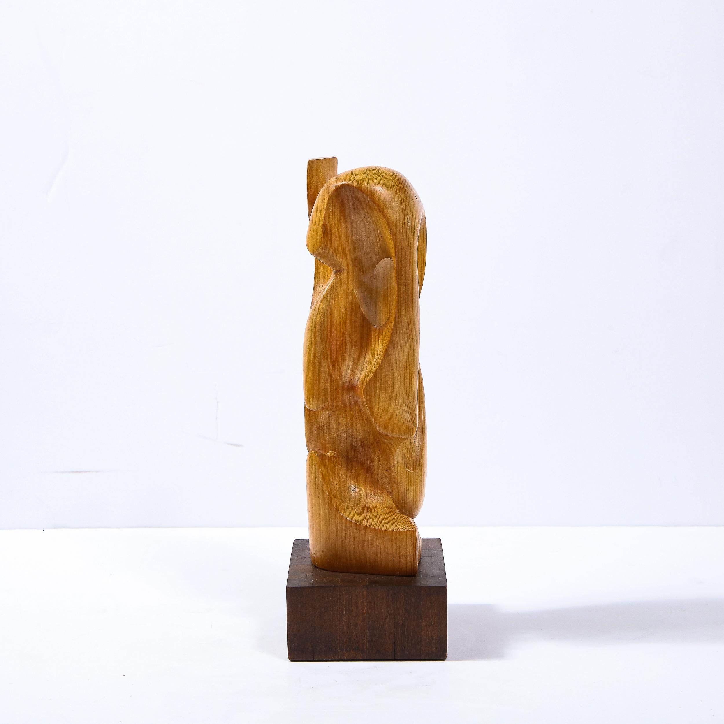 Mid-Century Modern Anamorphic Abstract Oak Sculpture on Walnut Pedestal 1