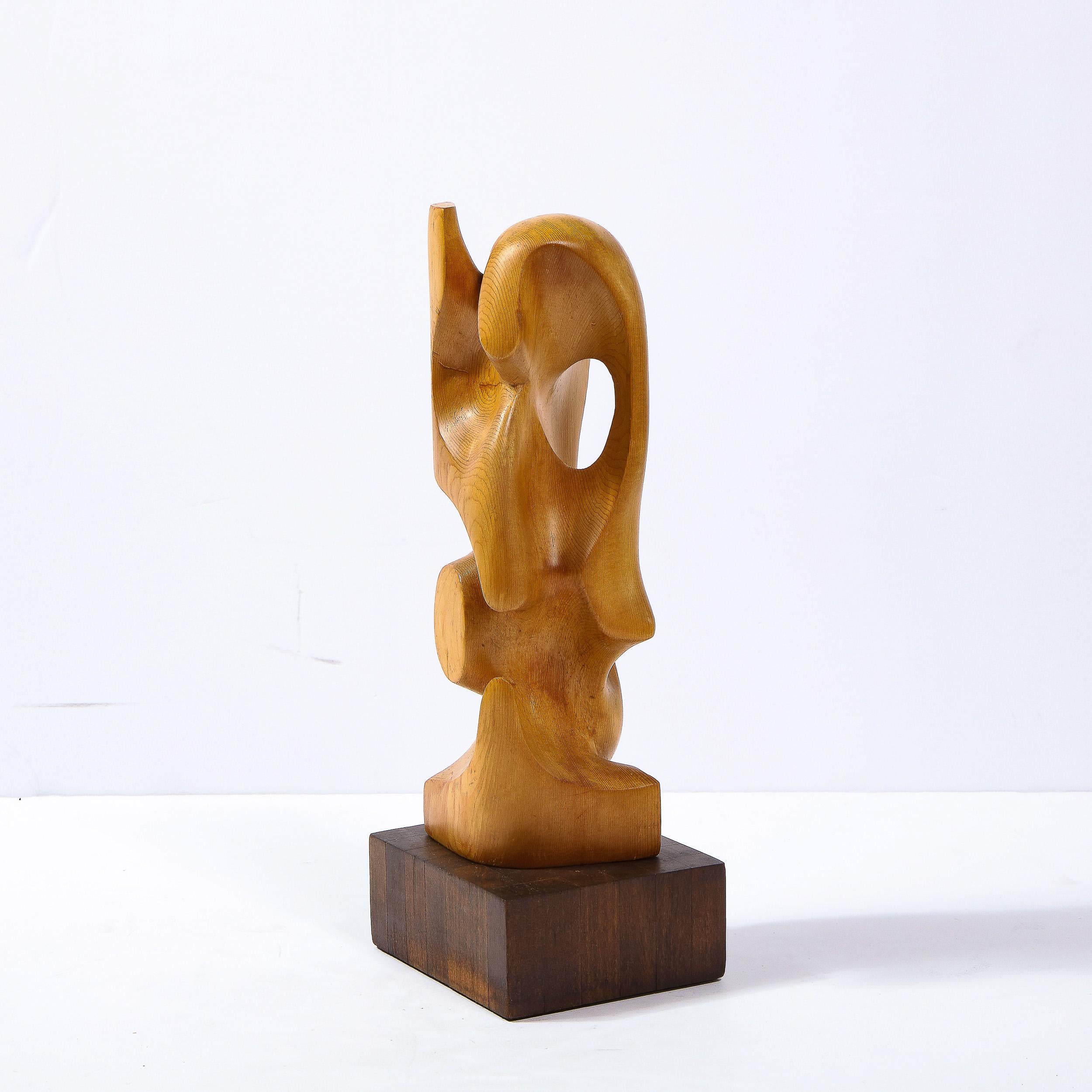 Mid-Century Modern Anamorphic Abstract Oak Sculpture on Walnut Pedestal 2