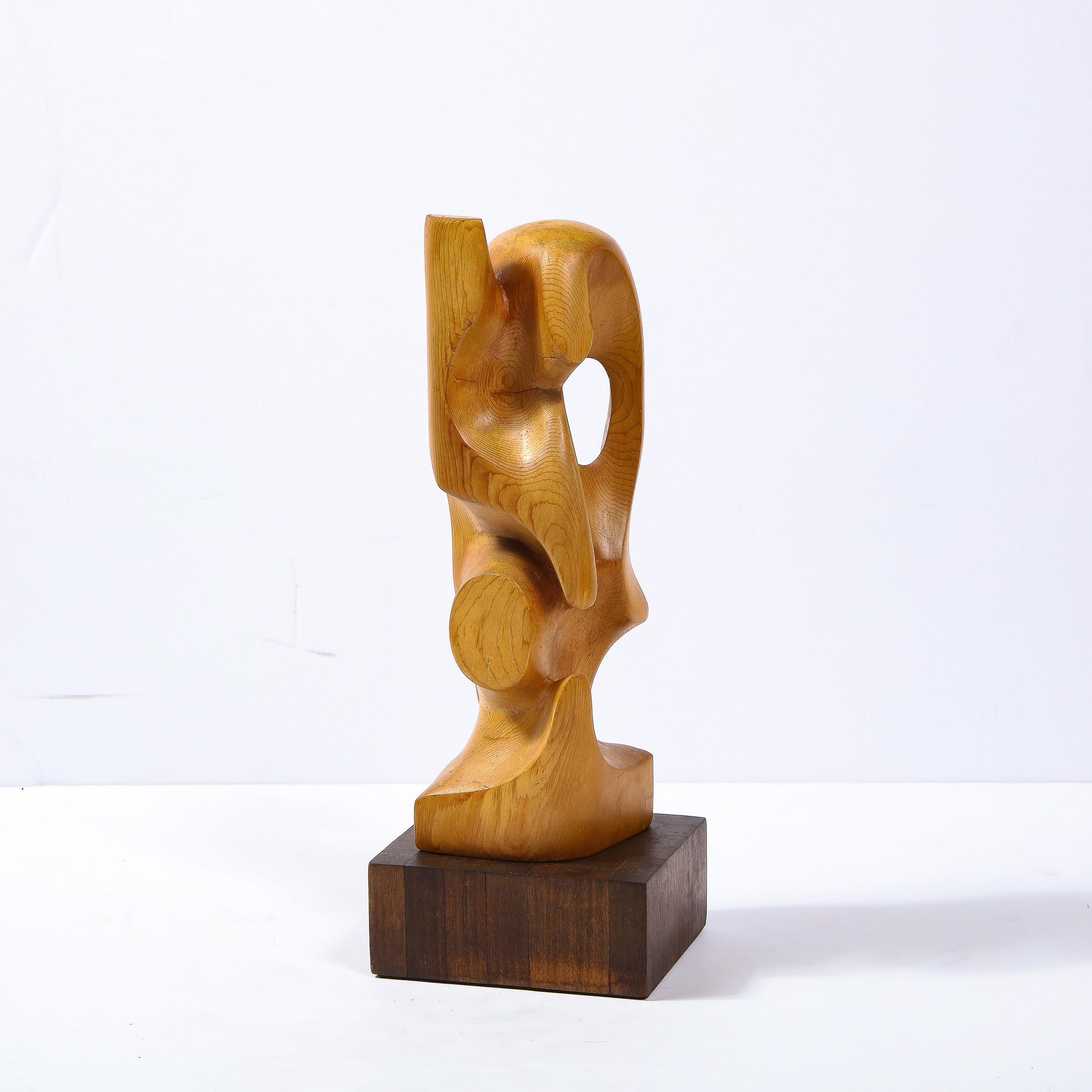 Mid-Century Modern Anamorphic Abstract Oak Sculpture on Walnut Pedestal 3